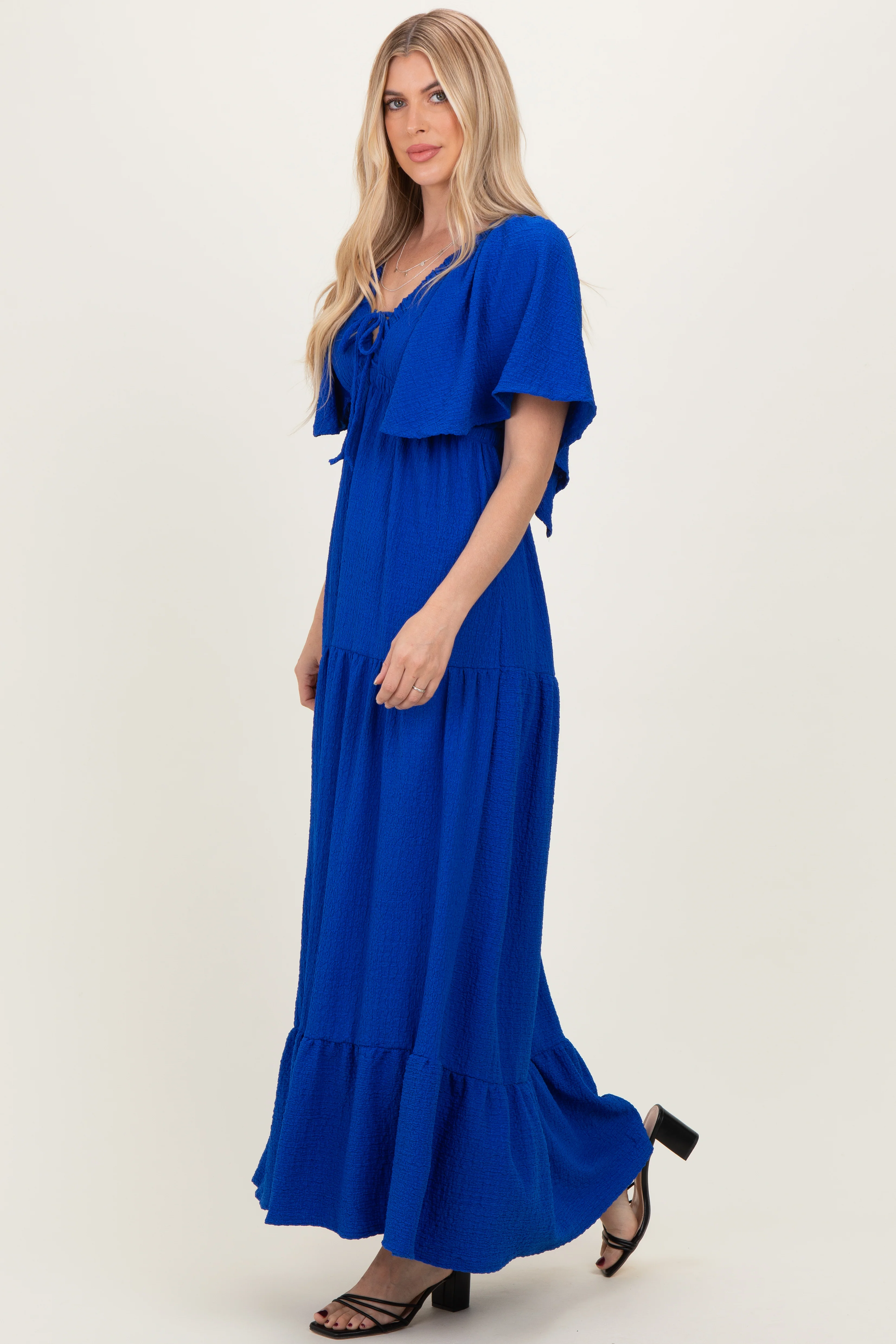 Royal Woven Textured Flutter Sleeve V-Neck Tiered Maxi Dress - Image 3