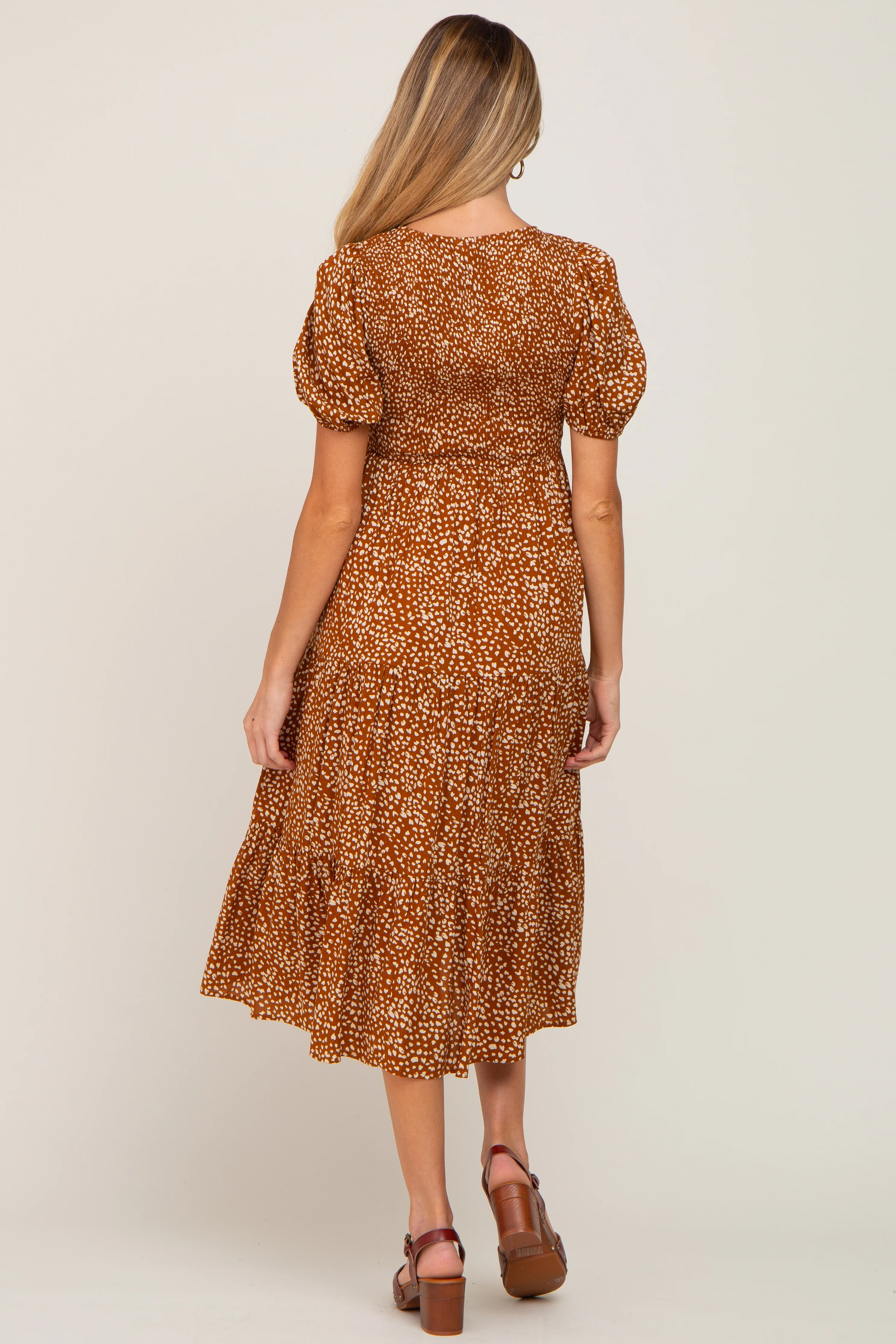 Rust Animal Print Smocked Maternity Midi Dress - Image 3