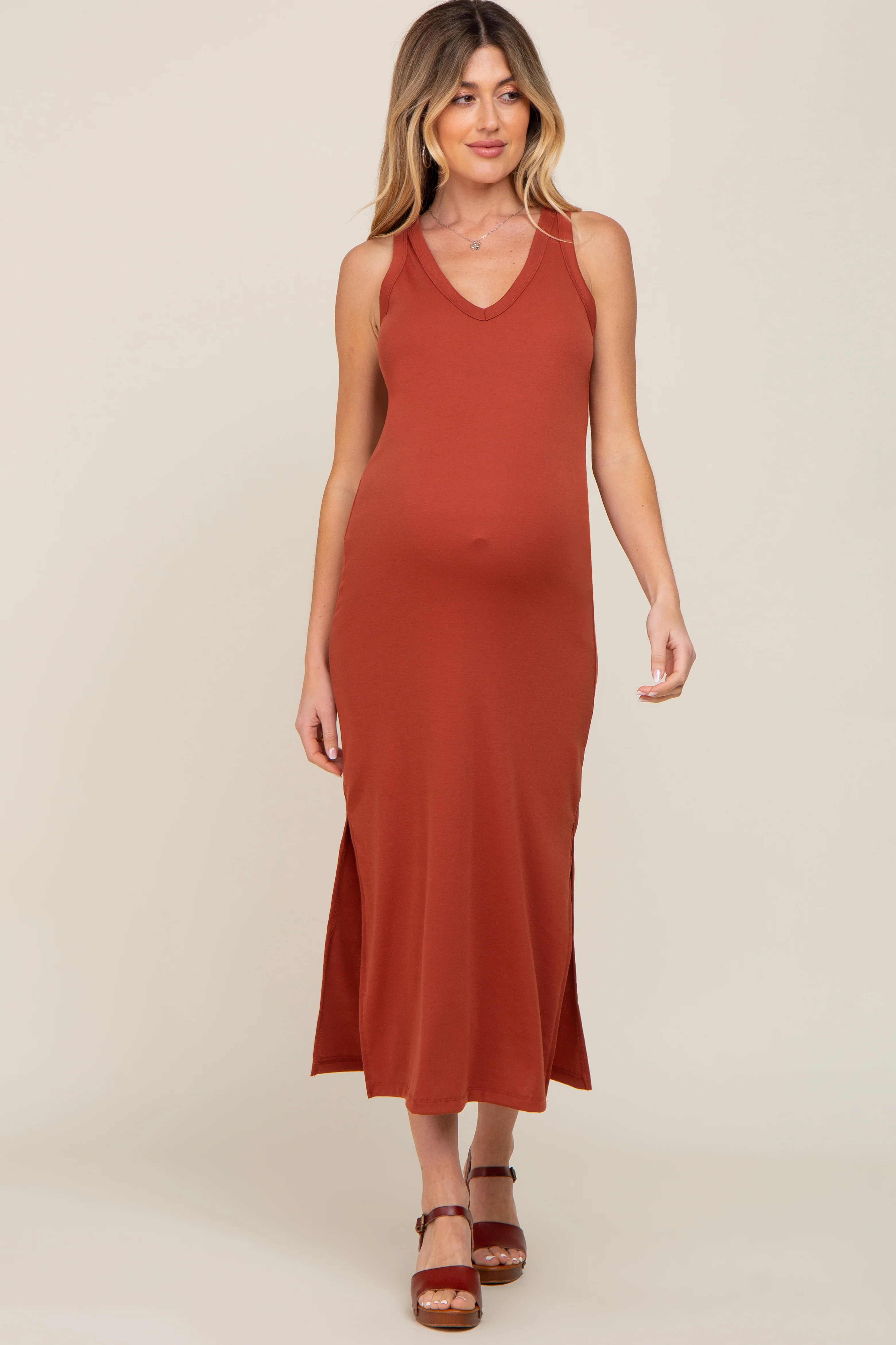 Rust Basic Maternity Shift Midi Dress - Image 4