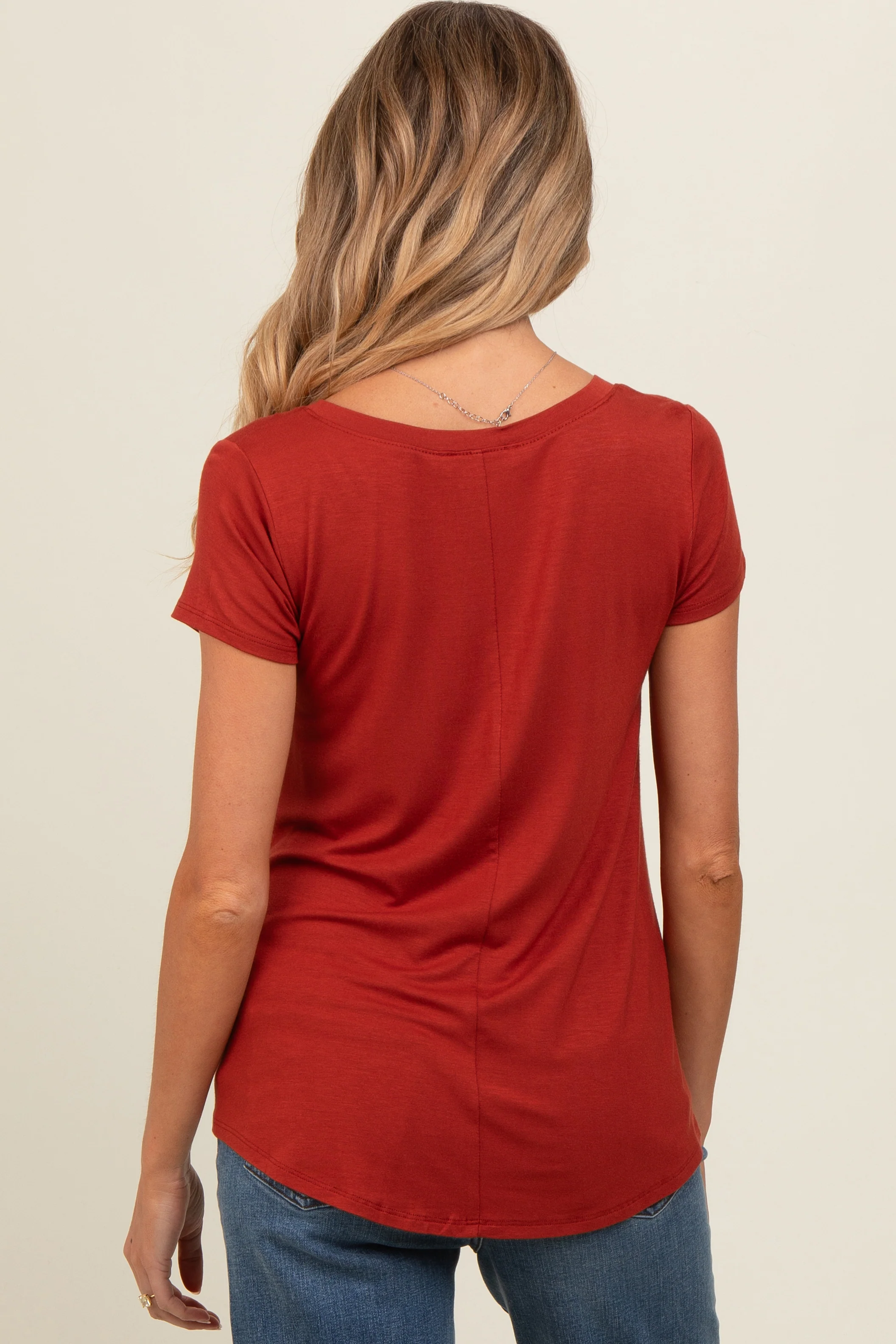 Rust Basic V-Neck Short Sleeve Maternity Top - Image 3