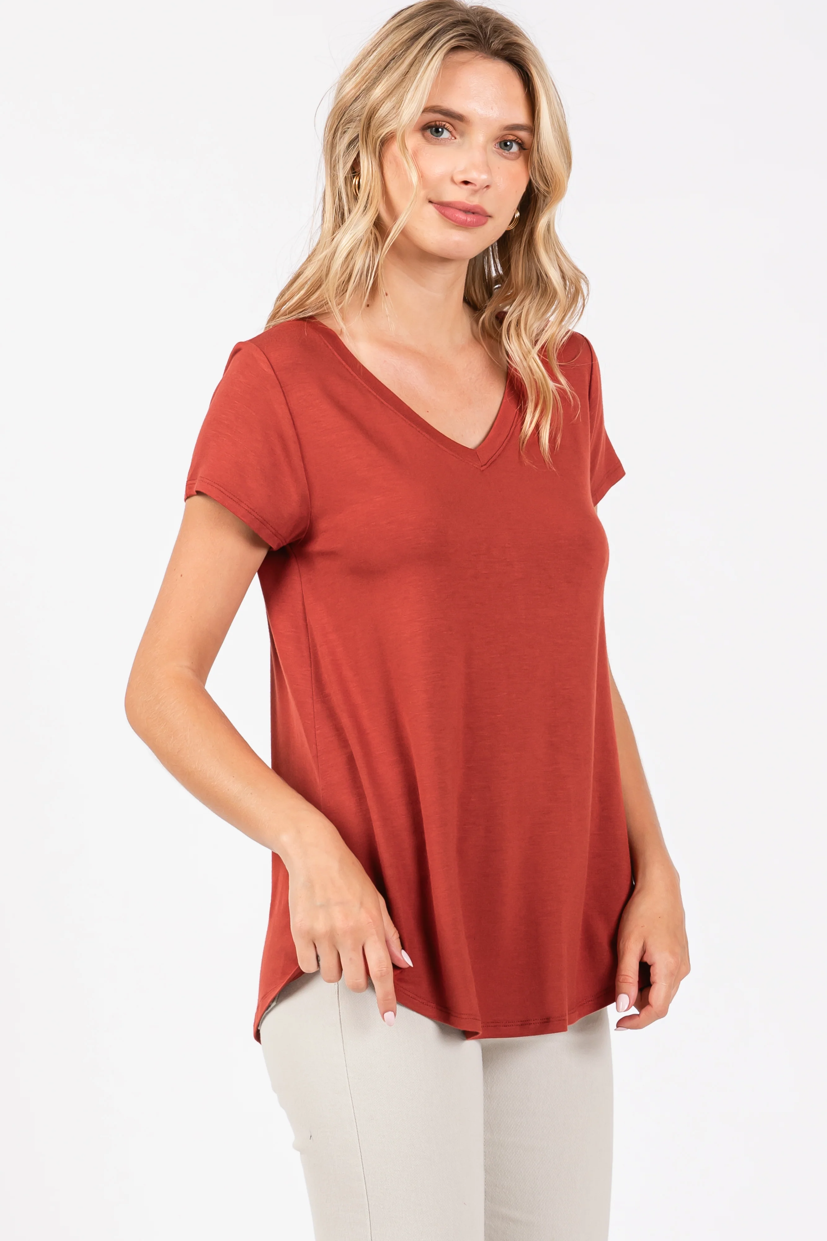 Rust Basic V-Neck Short Sleeve Top - Image 2
