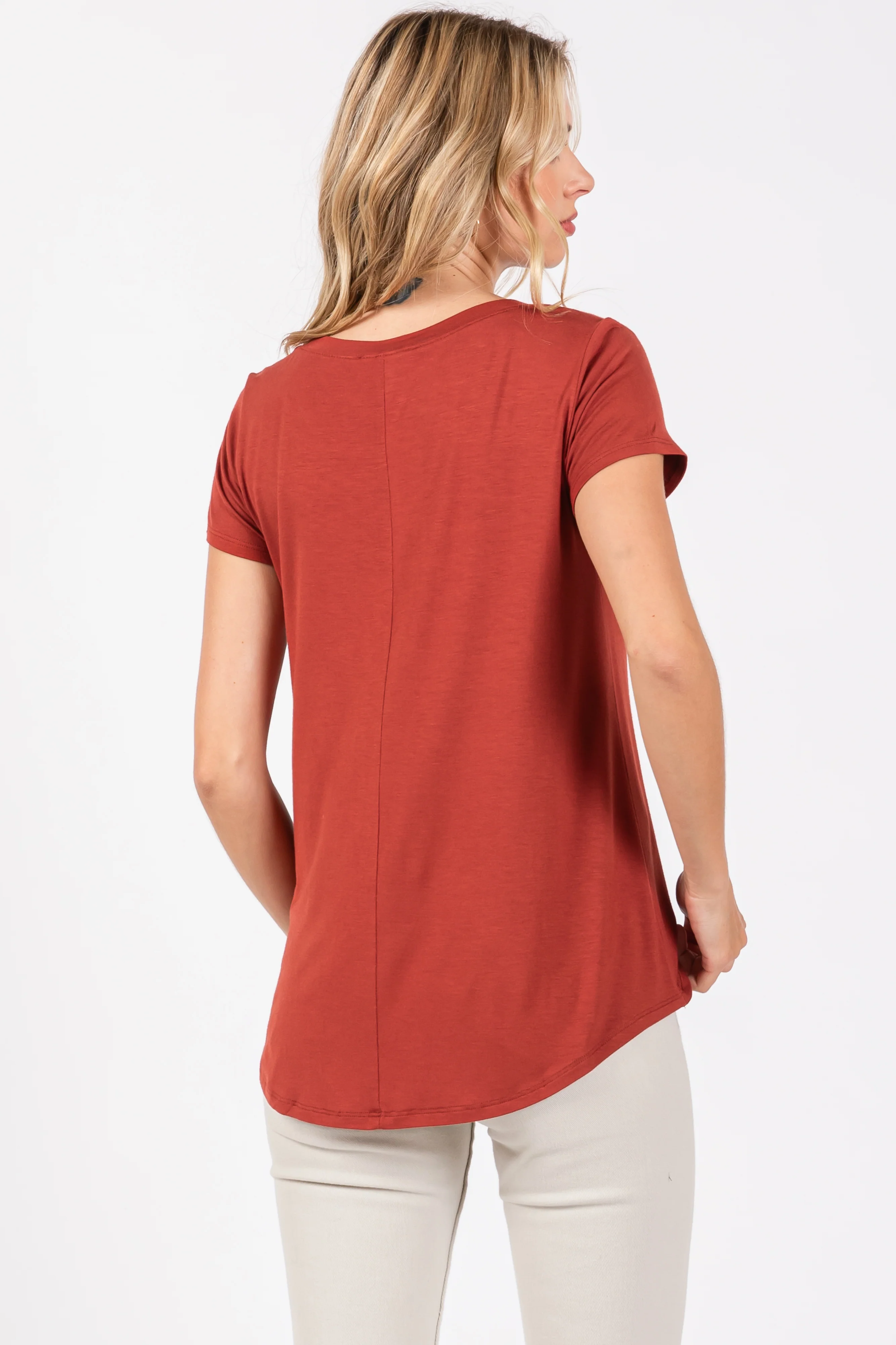Rust Basic V-Neck Short Sleeve Top - Image 3