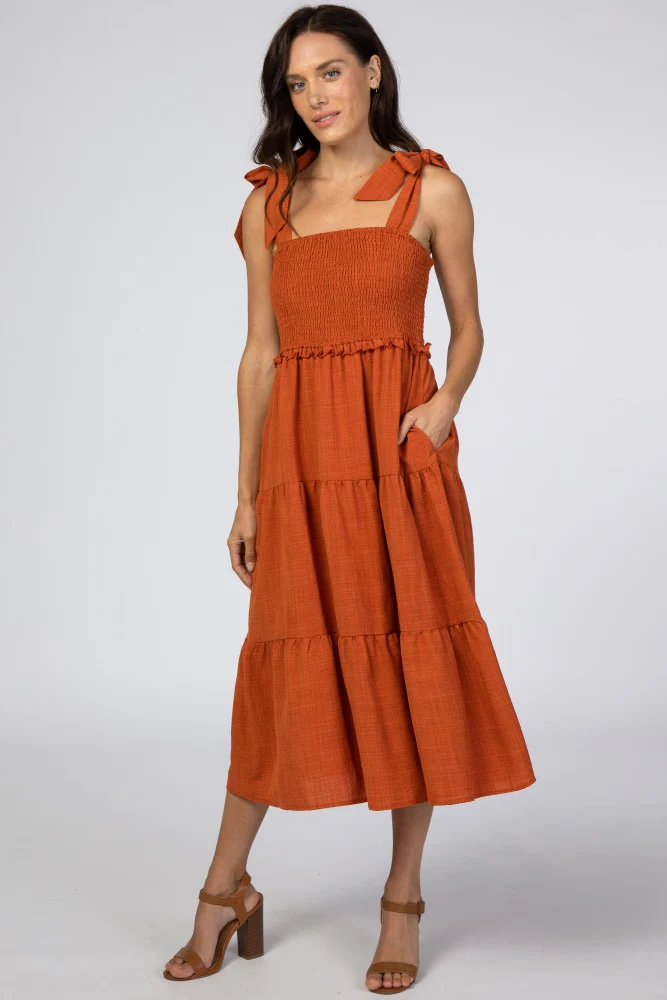 Rust Bow Strap Tiered Maternity Midi Dress - Image 21