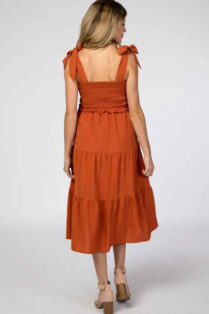 Rust Bow Strap Tiered Maternity Midi Dress - Image 6