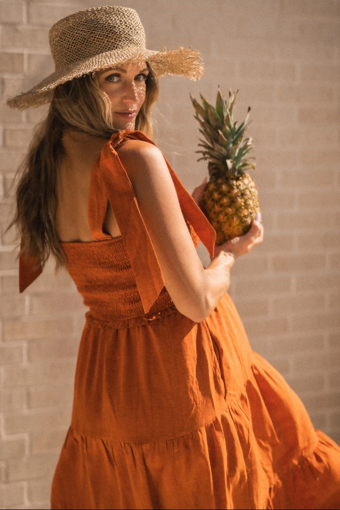 Rust Bow Strap Tiered Maternity Midi Dress - Image 9