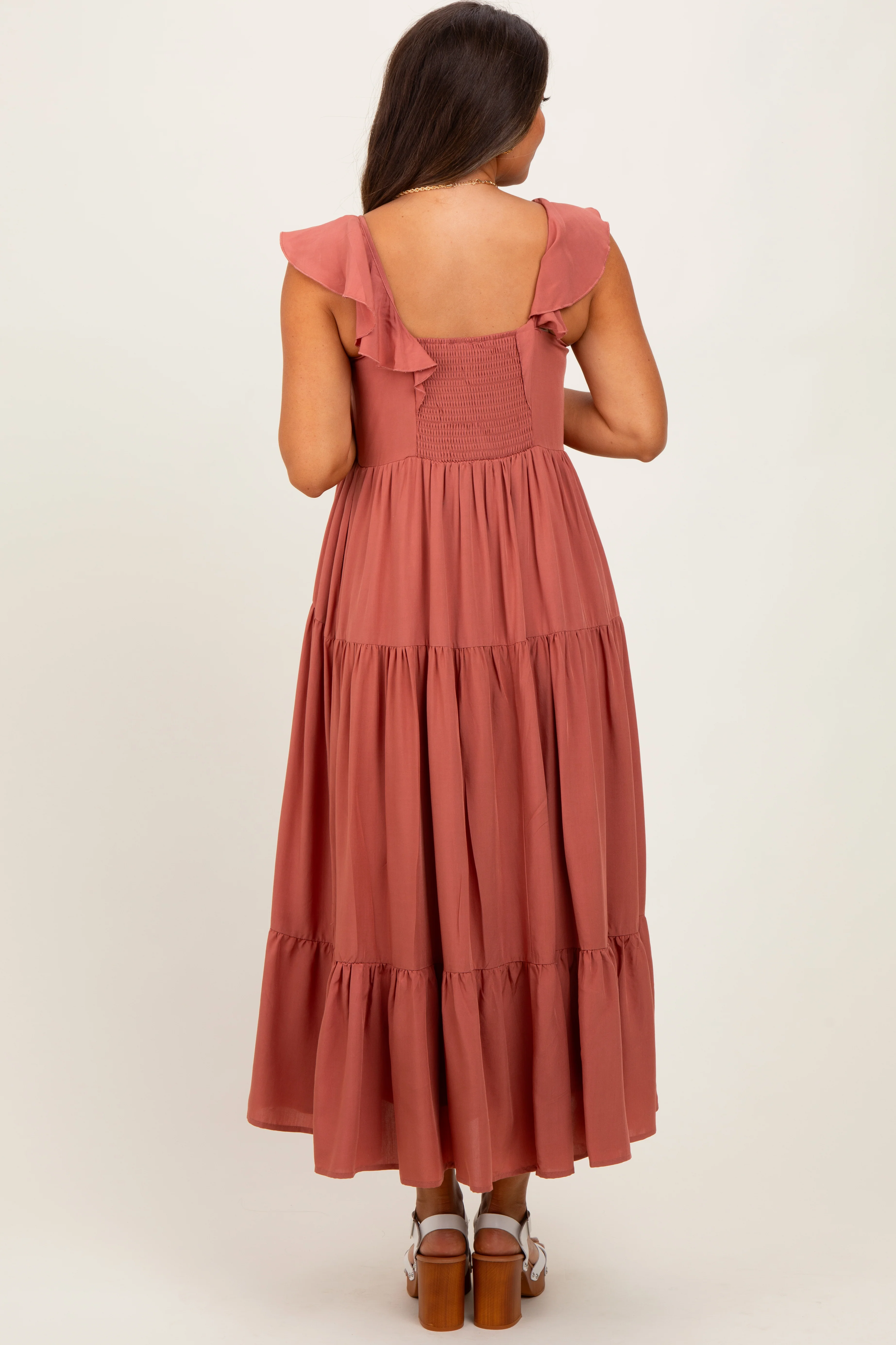 Rust Button Front Ruffle Square Neck Maternity Midi Dress - Image 4