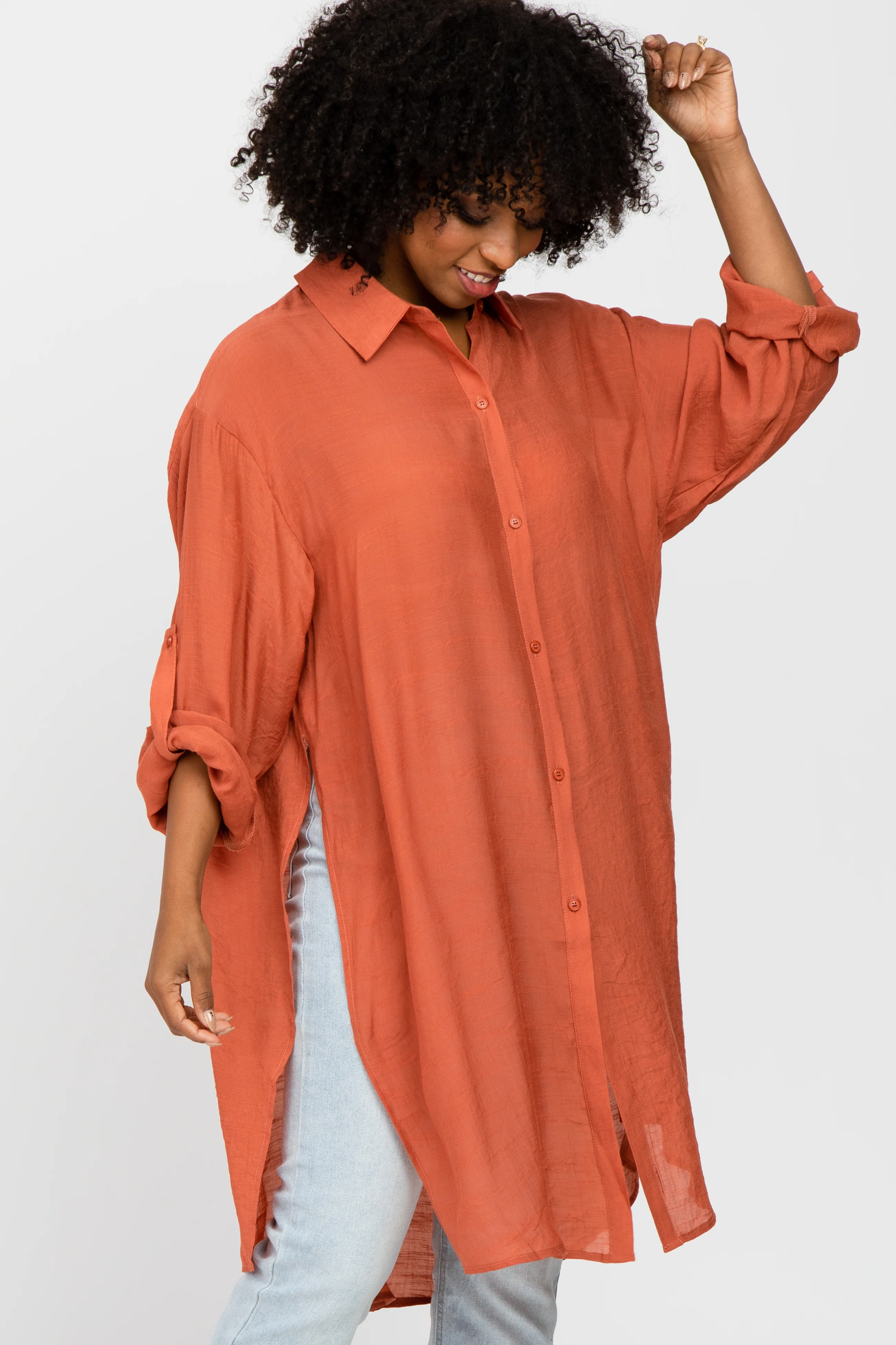 Rust Button Front Side Slit Oversized Blouse - Image 2