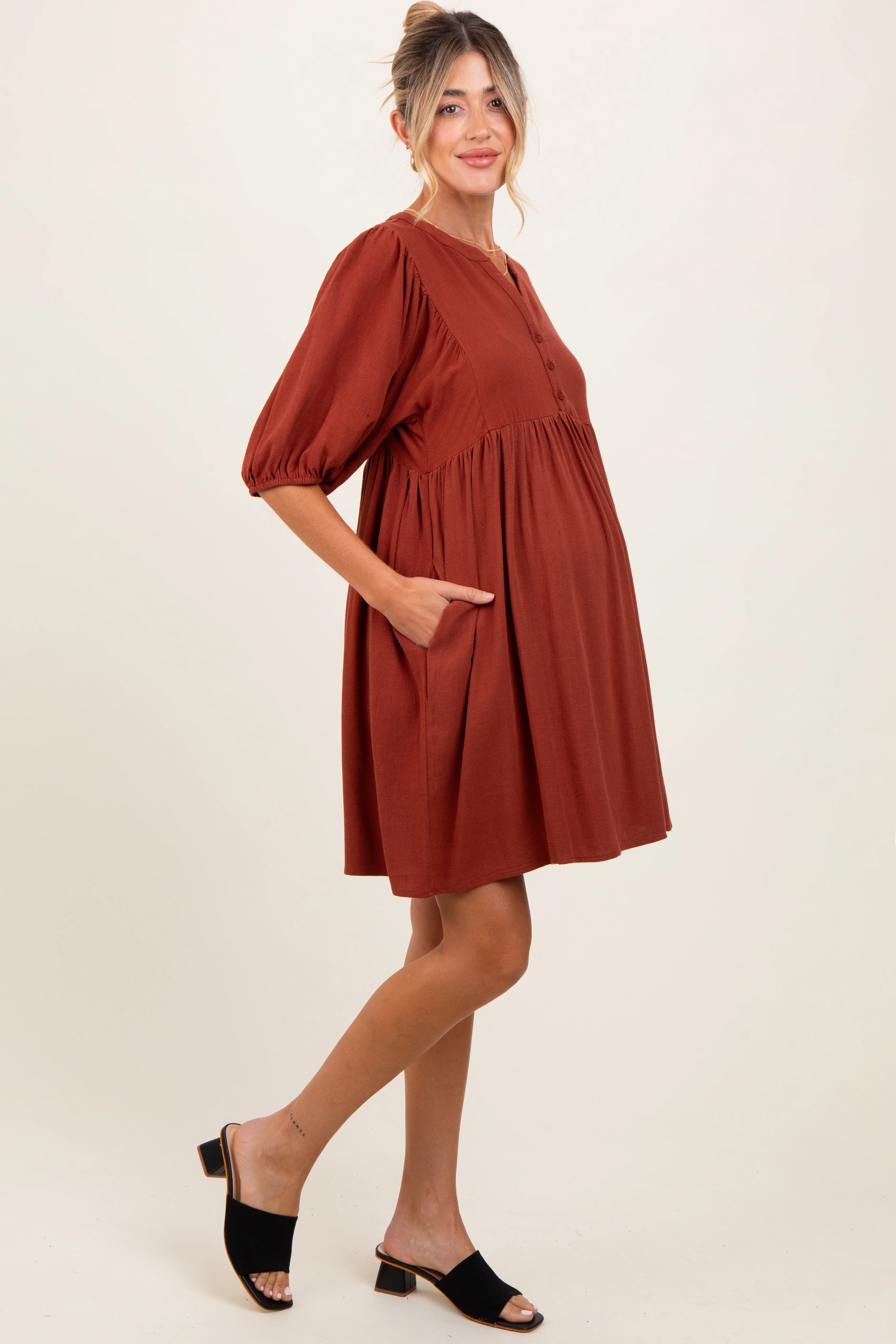 Rust Button Up Split Neck Maternity Dress - Image 3