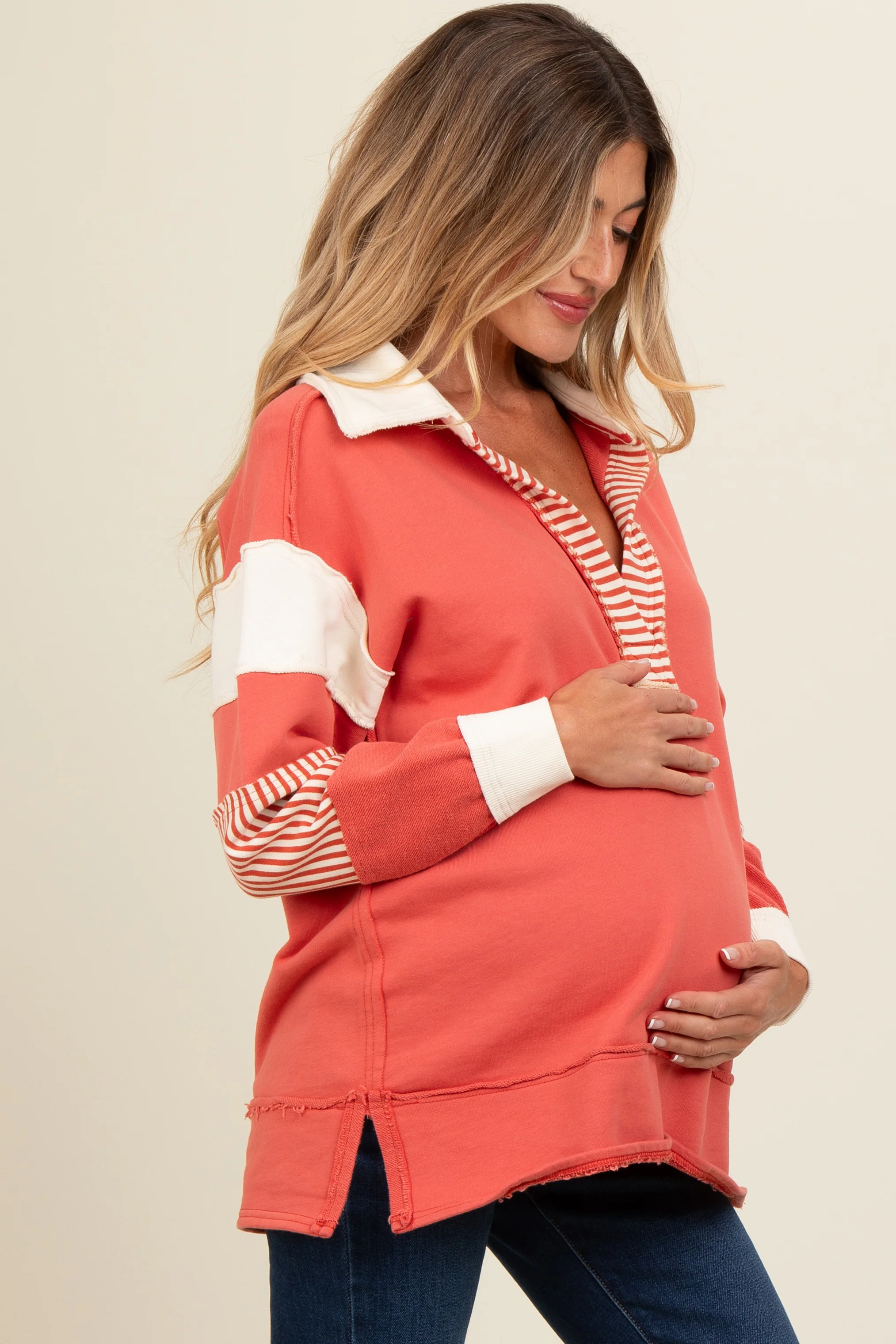 Rust Colorblock Stripe Maternity Polo Pullover Top - Image 3