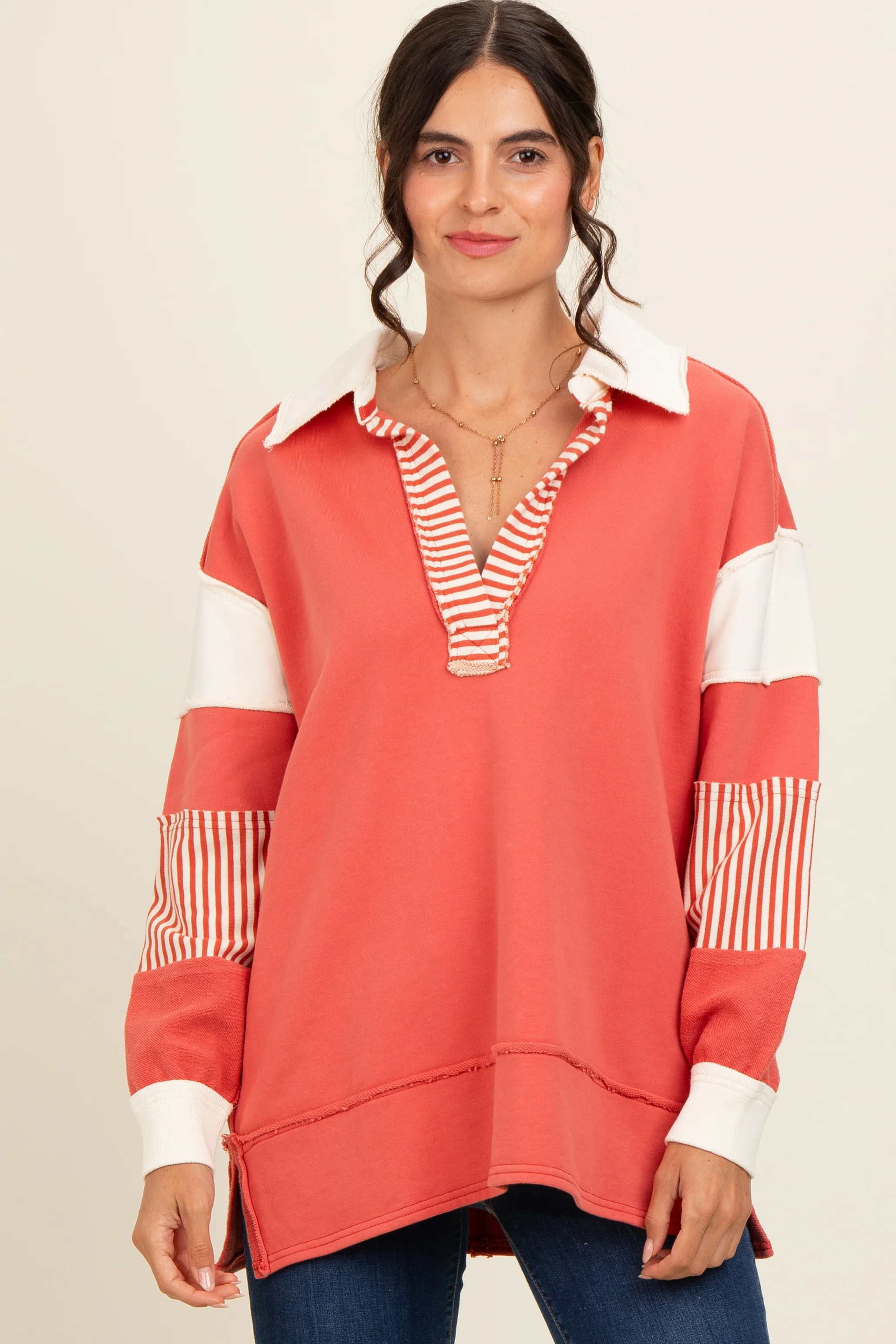 Rust Colorblock Stripe Maternity Polo Pullover Top - Image 5