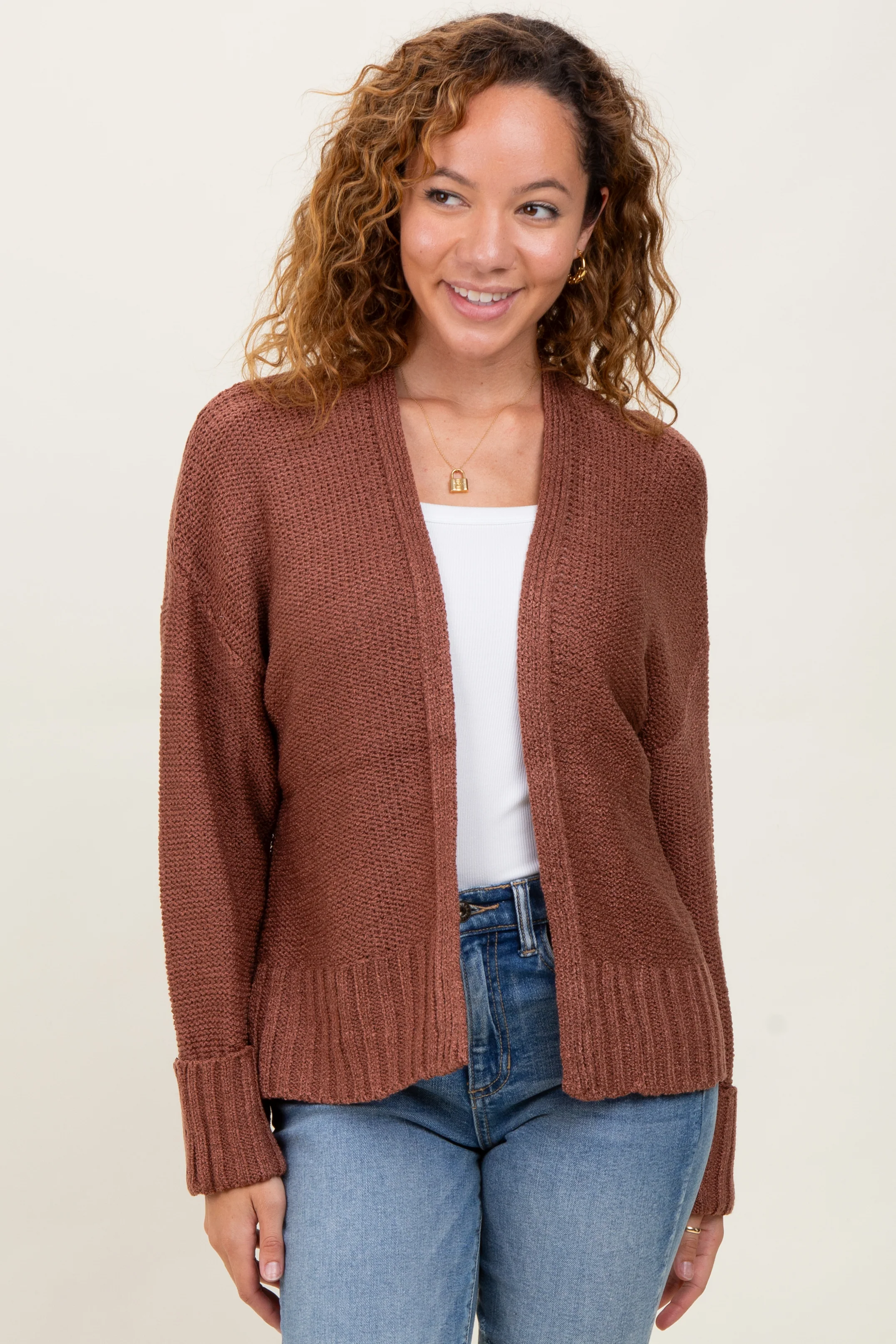 Rust Contrast Knit Open Maternity Cardigan - Image 5