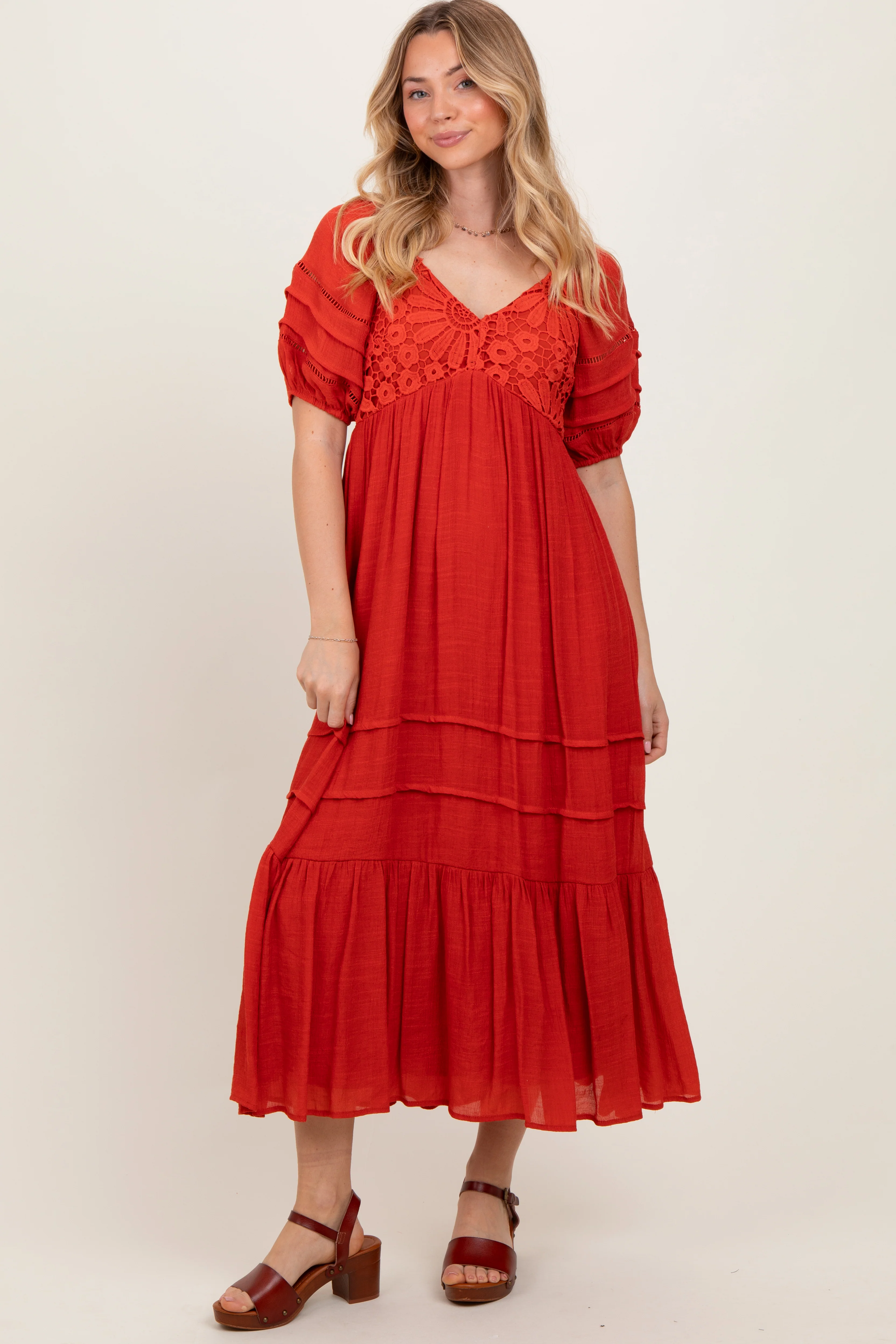 Rust Crochet Detail Bodice Maternity Midi Dress - Image 5