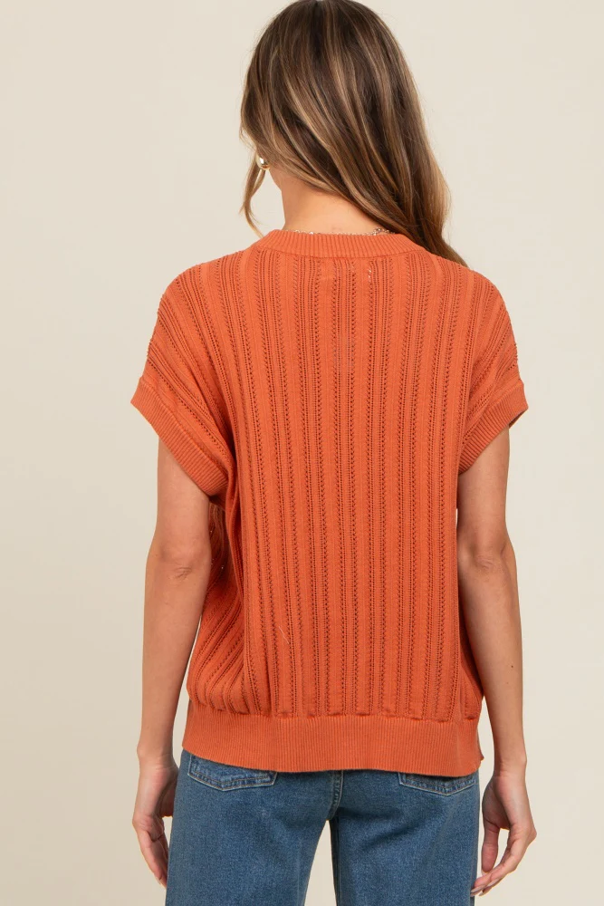 Rust Crochet Knit Short Sleeve Sweater Top - Image 3
