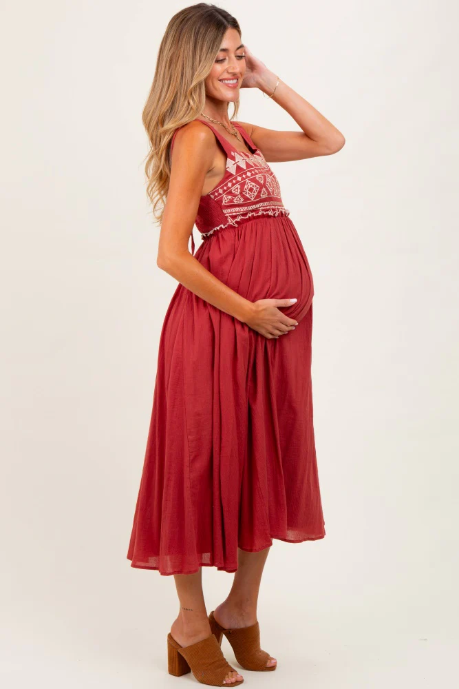 Rust Embroidered Sleeveless Maternity Midi Dress - Image 3