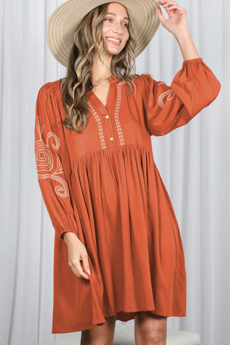 Rust Embroidered V-Neck Long Sleeve Maternity Dress - Image 4