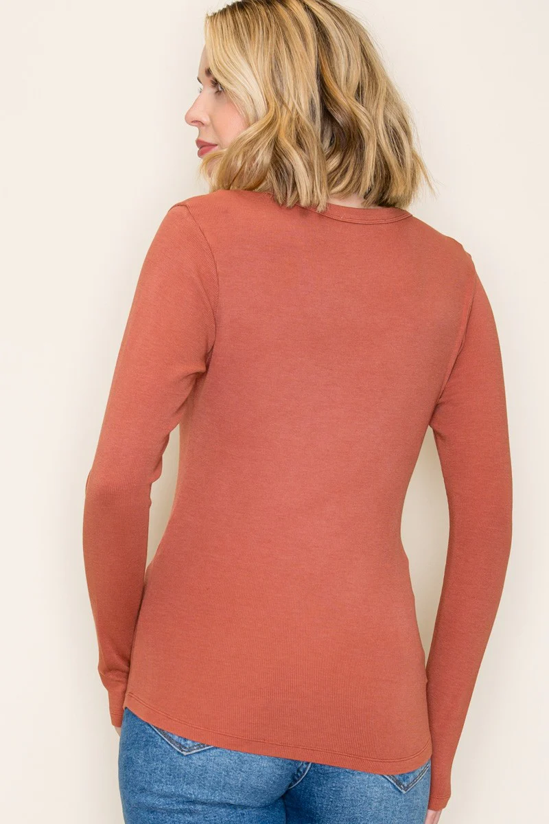 Rust Fine Rib V-Neck Long Sleeve Top - Image 5