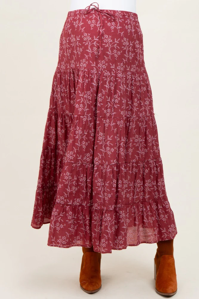 Rust Floral Drawstring Tiered Maternity Maxi Skirt - Image 2