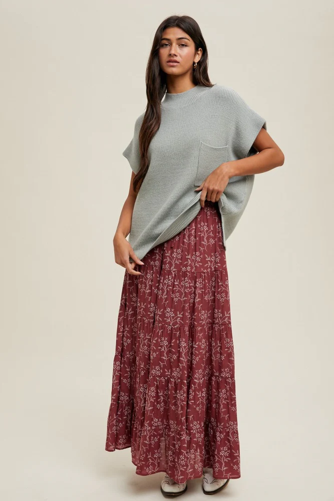 Rust Floral Drawstring Tiered Maternity Maxi Skirt - Image 5