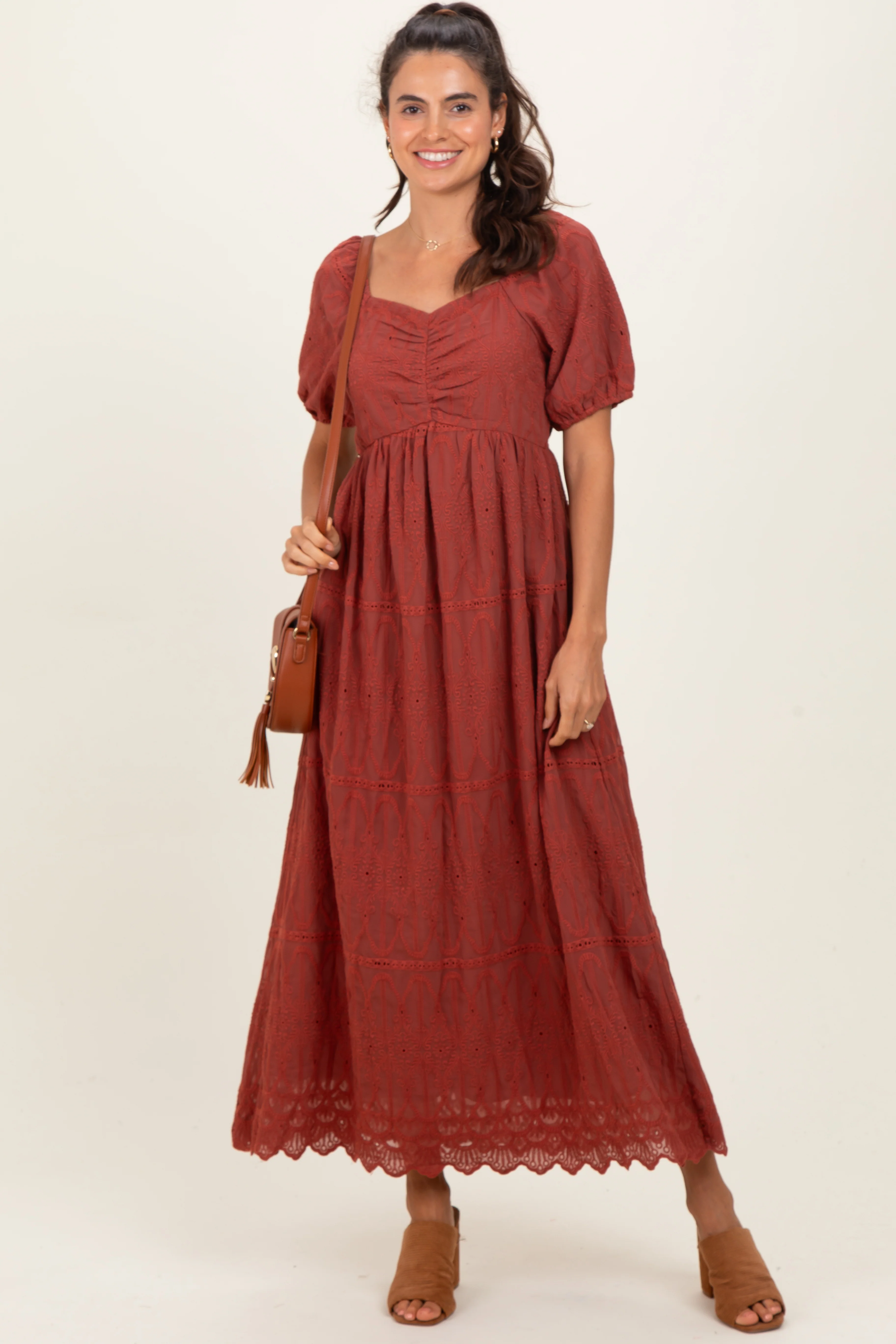 Rust Floral Embroidered Chiffon Maternity Midi Dress - Image 5