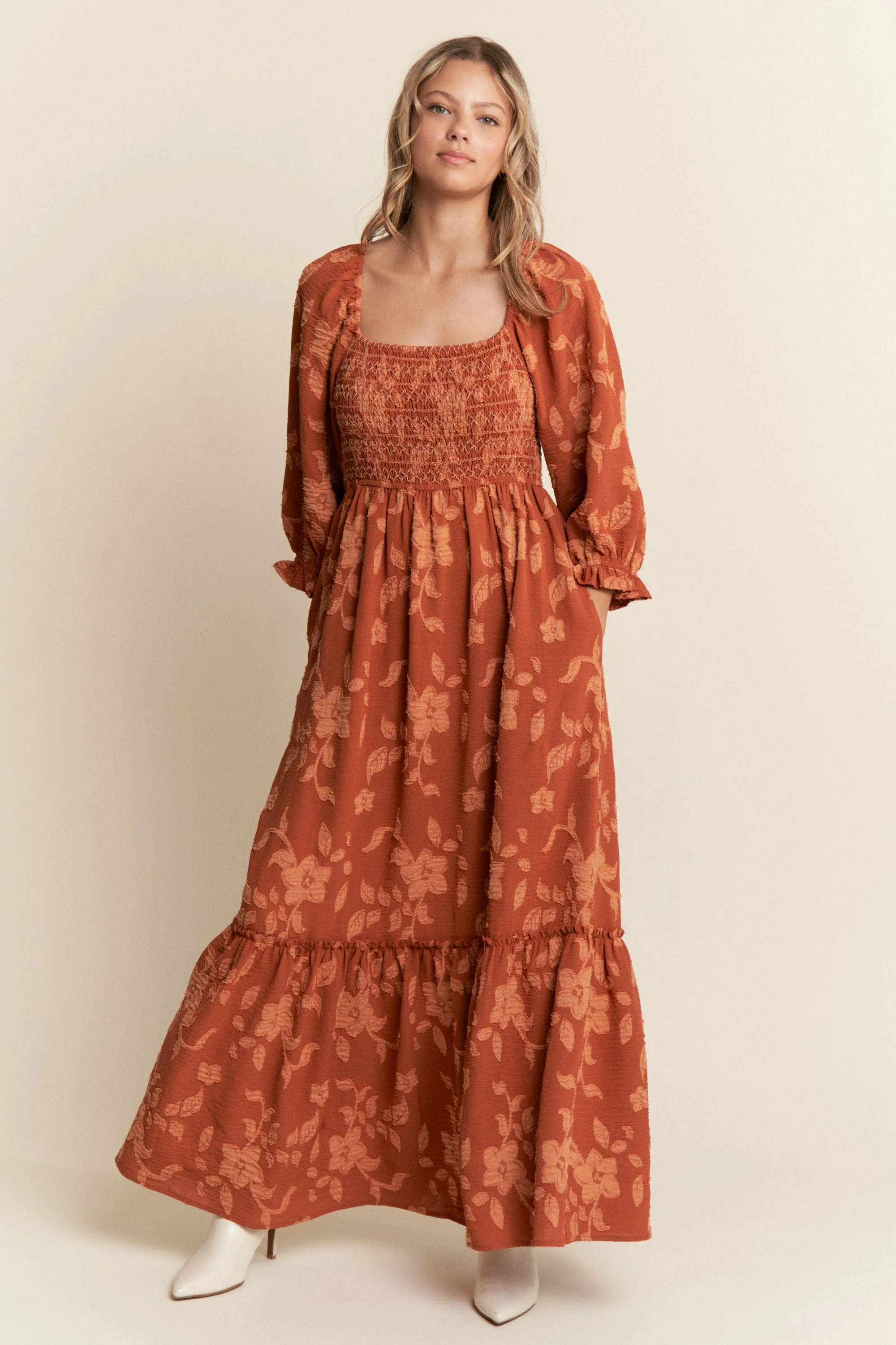 Rust Floral Print Smocked Bodice Maternity Maxi Dress - Image 4