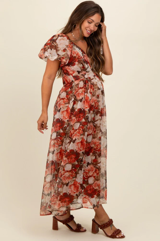 Rust Floral Puff Sleeve Maternity Maxi Dress - Image 3