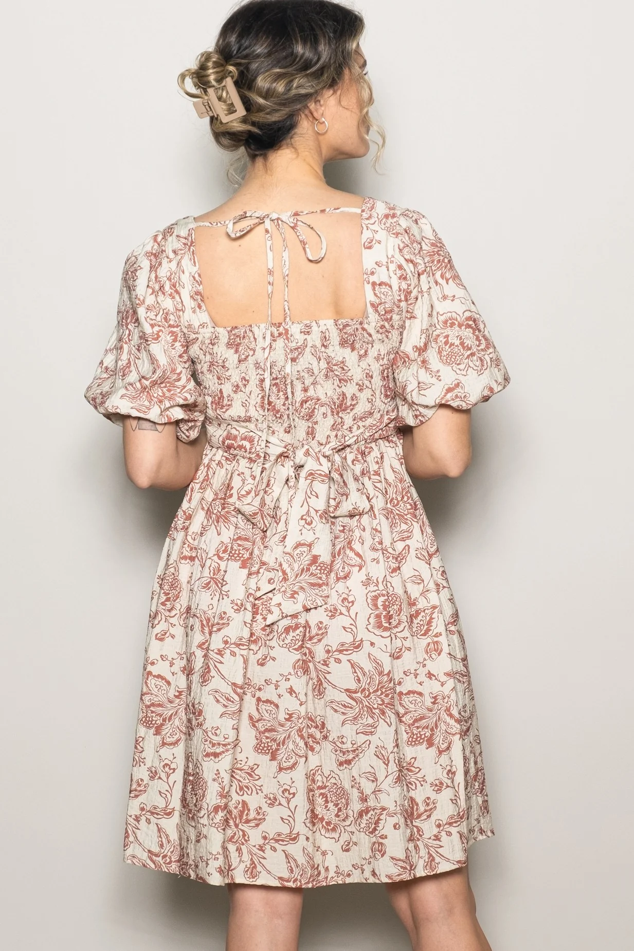 Rust Floral Smocked Puff Sleeve Dress - Image 3