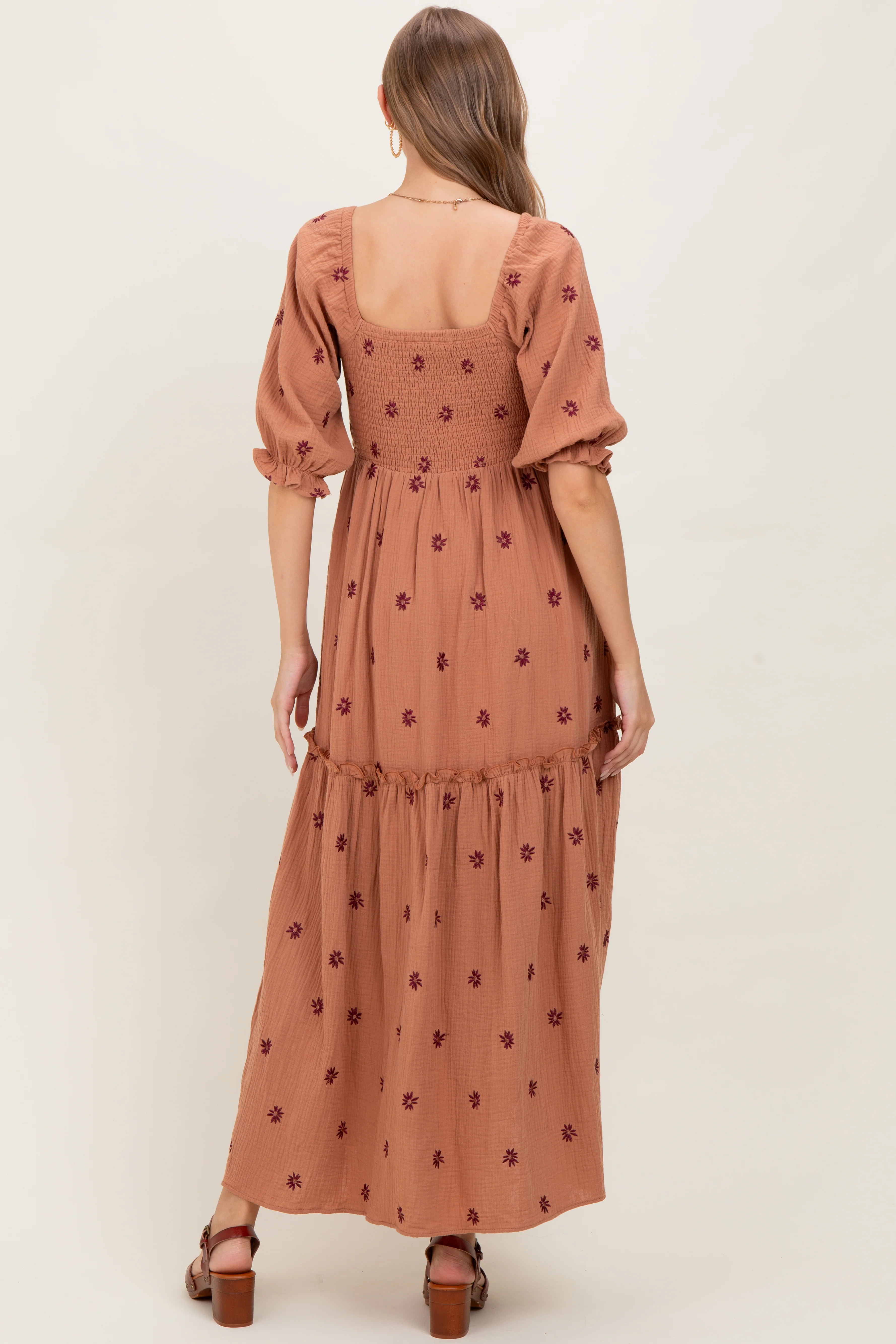 Rust Floral Smocked Puff Sleeve Maternity Maxi Dress - Image 3