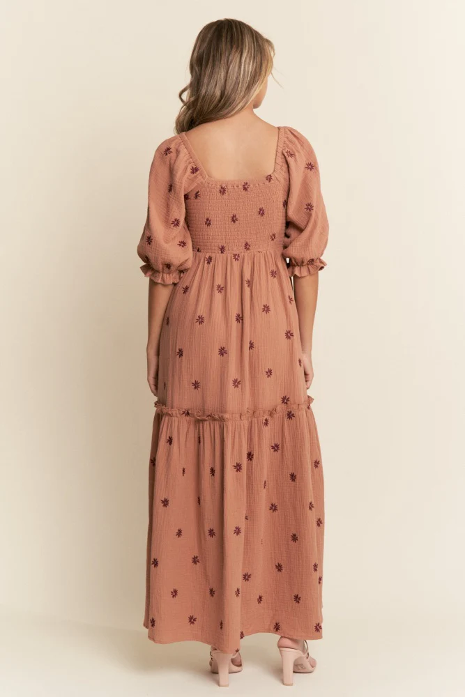 Rust Floral Smocked Puff Sleeve Maxi Dress - Image 4