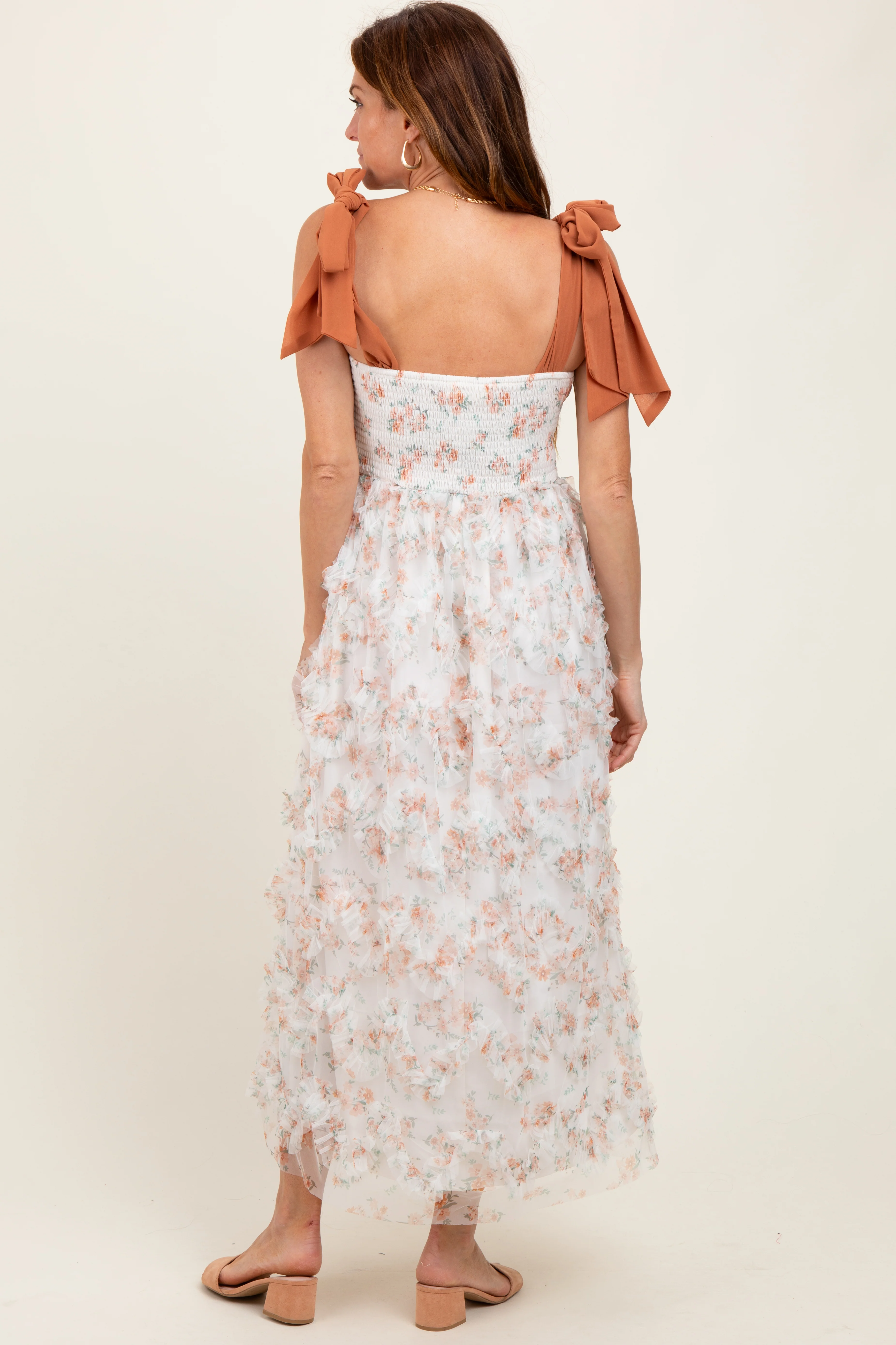 Rust Floral Smocked Shoulder Tie Ruffled Midi Dress - Image 4