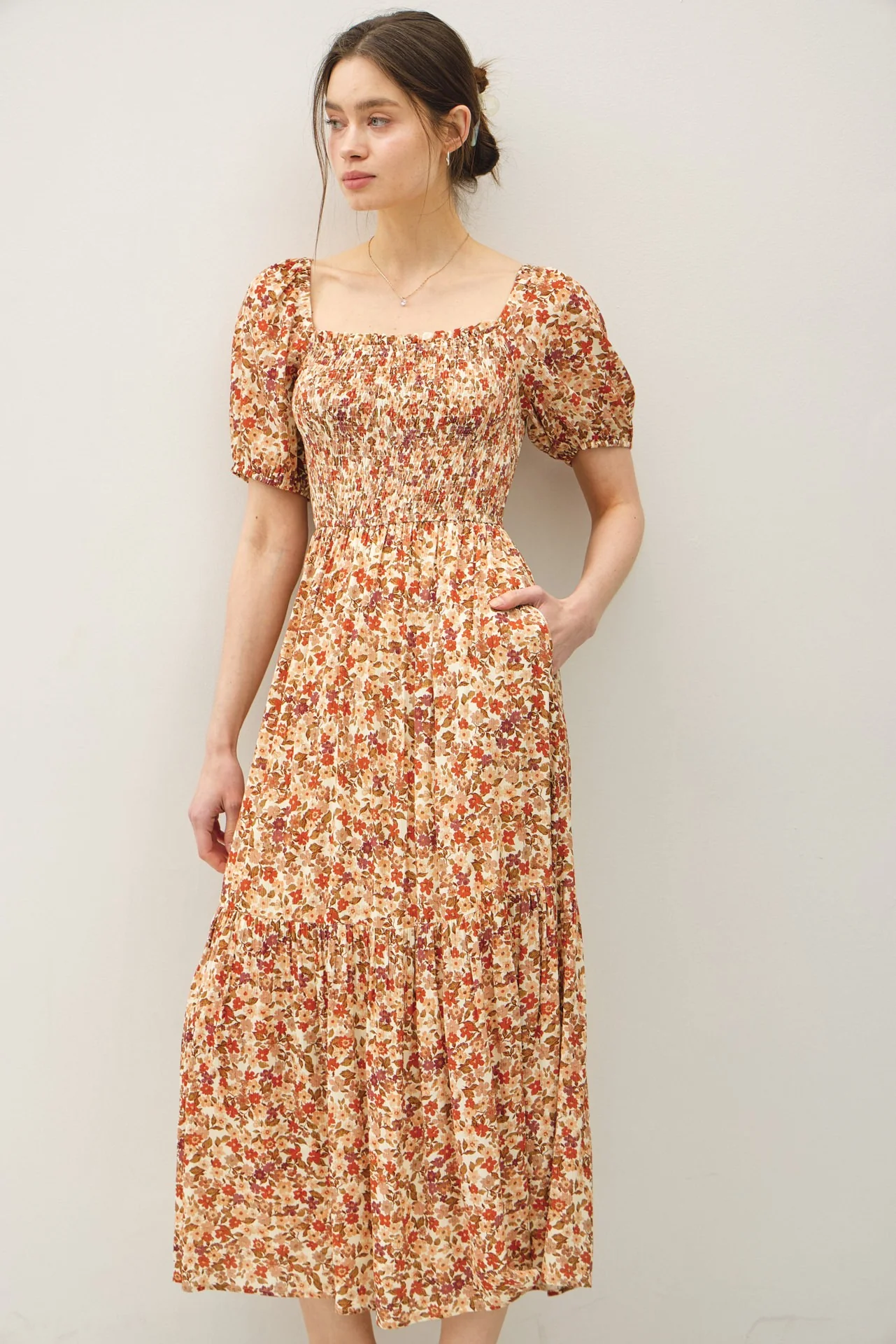 Rust Floral Smocked Tiered Midi Dress - Image 4