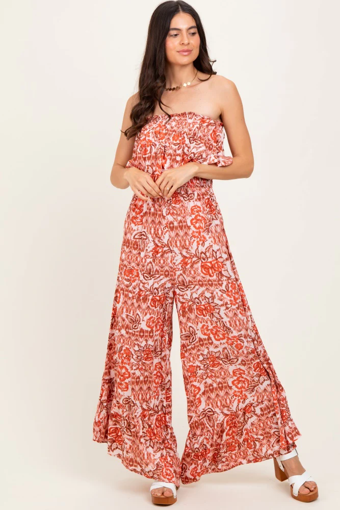 Rust Floral Strapless Ruffle Wide Leg Maternity Jumpsuit - Image 5