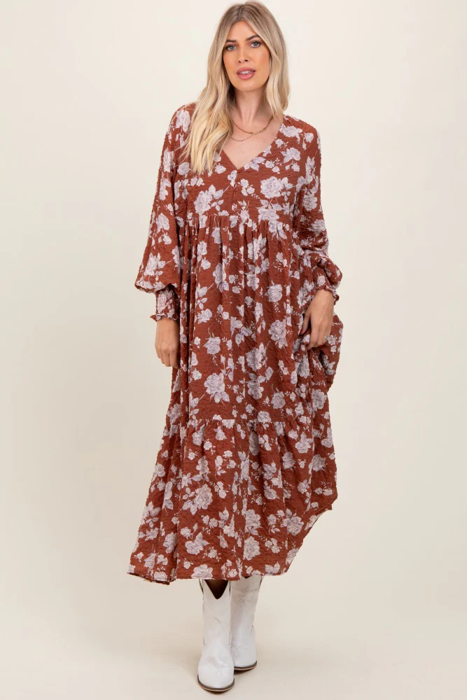 Rust Floral Textured Bubble Sleeve Maternity Maxi Dress - Image 5