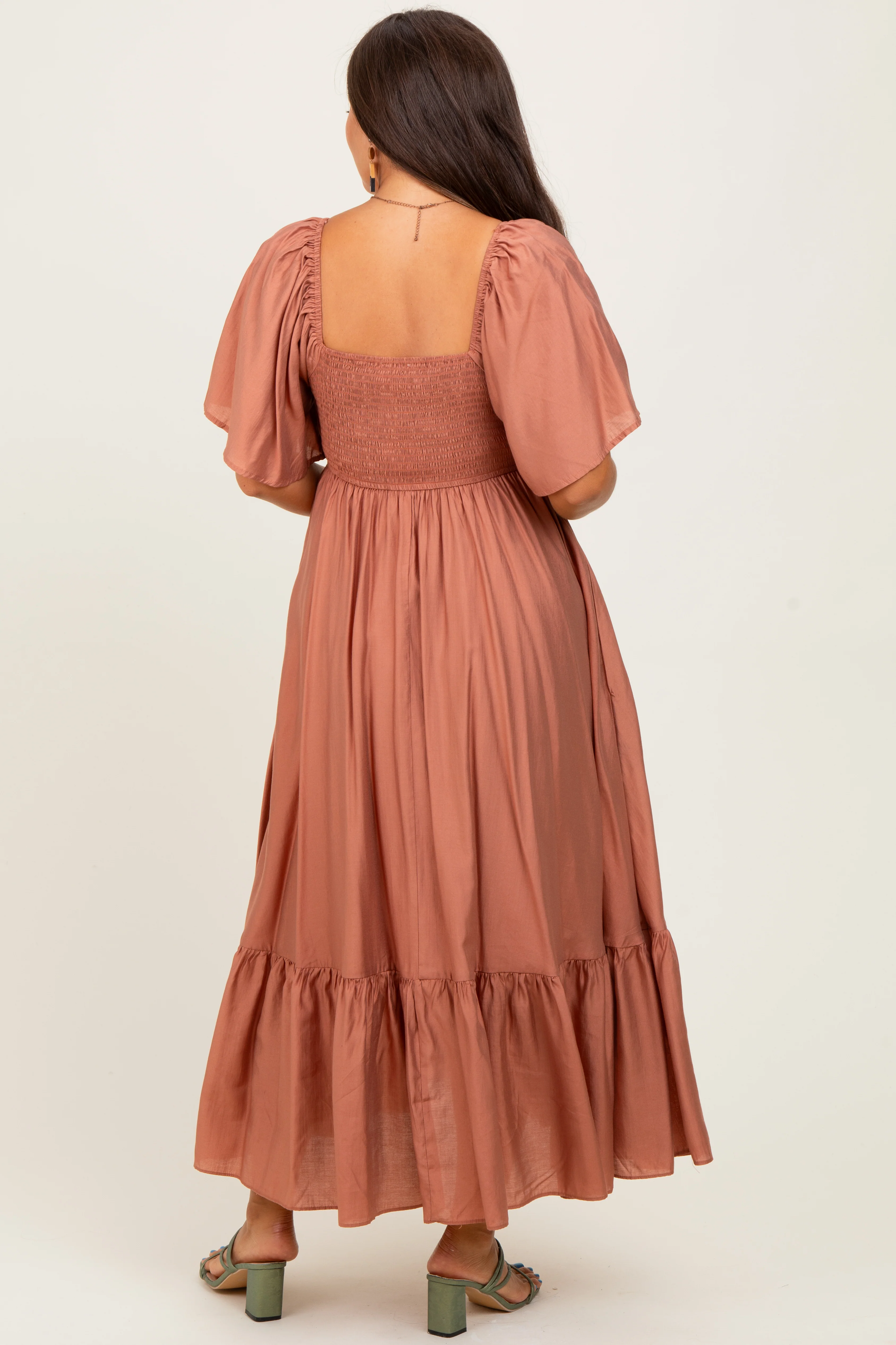 Rust Flutter Sleeve Ruffle Hem Maternity Midi Dress - Image 4