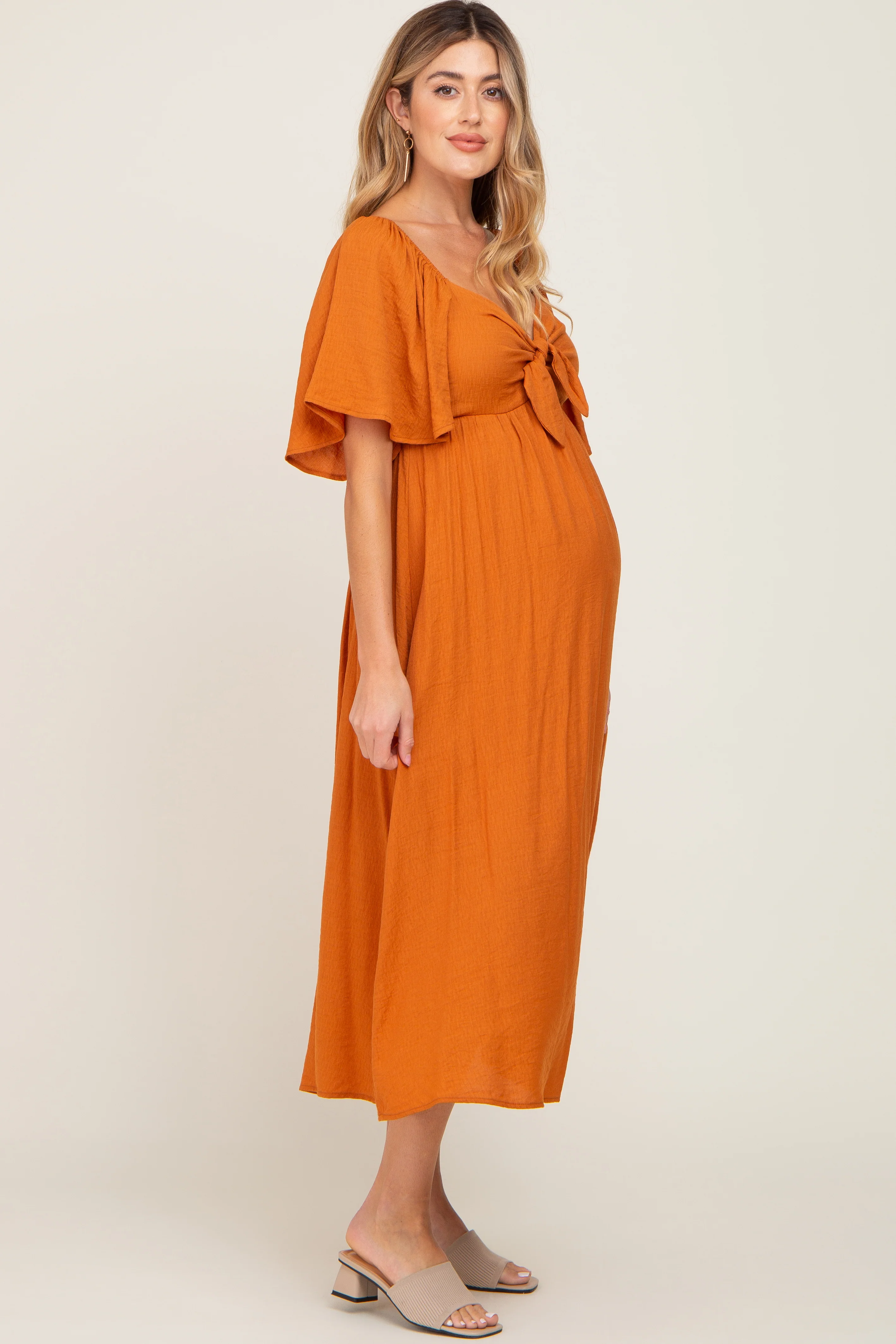 Rust Front Tie Ruffle Sleeve Maternity Midi Dress - Image 2