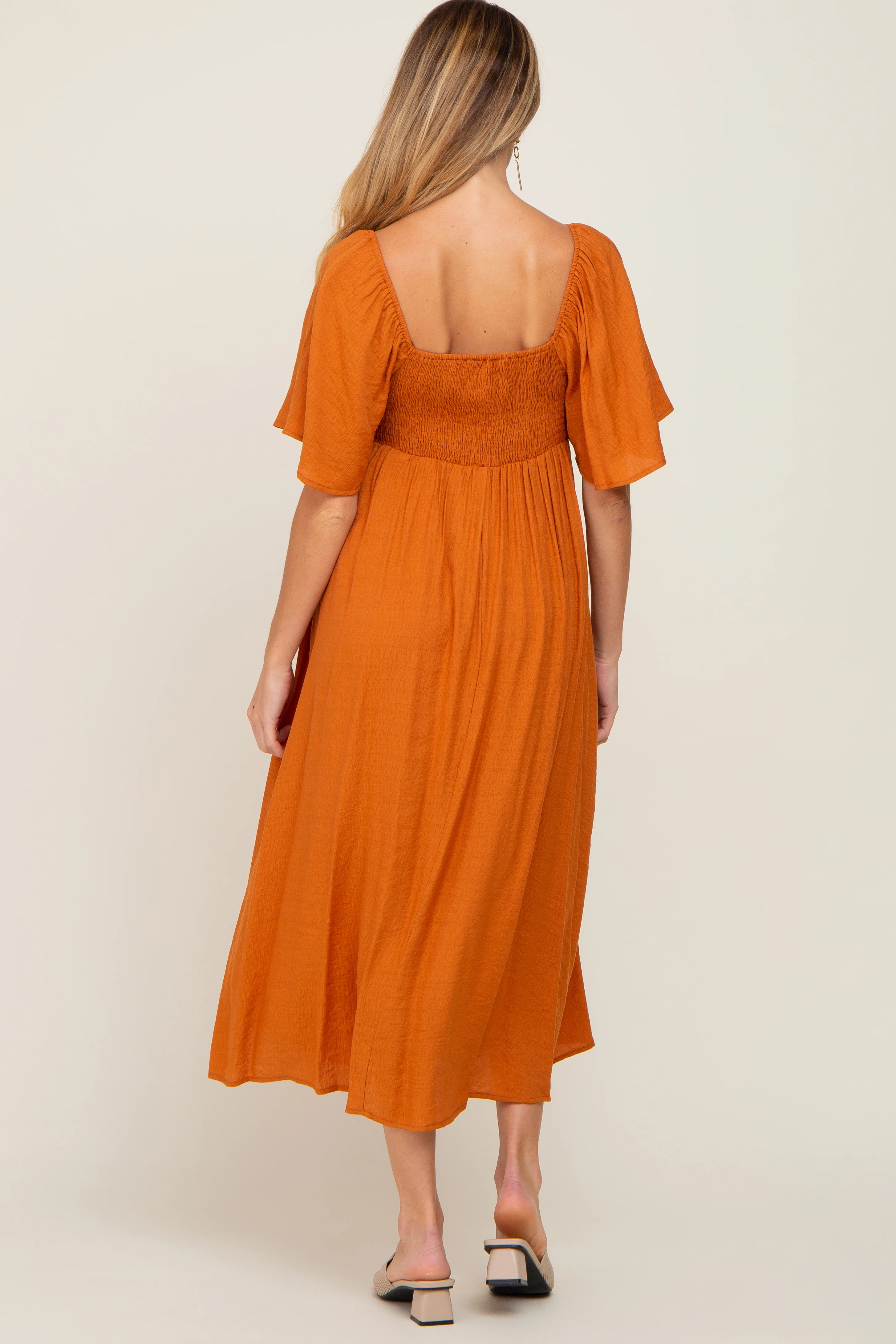 Rust Front Tie Ruffle Sleeve Maternity Midi Dress - Image 3