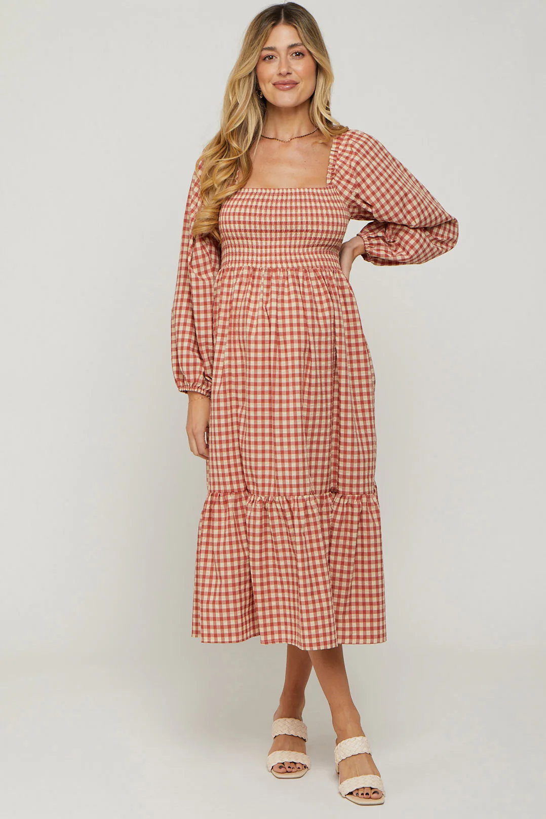 Rust Gingham Long Sleeve Maternity Midi Dress - Image 2