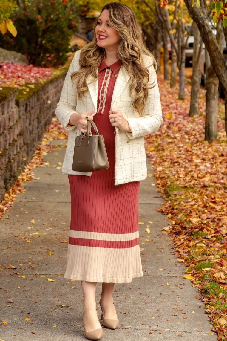Rust Knit Button Front Contrast Border Midi Dress - Image 4