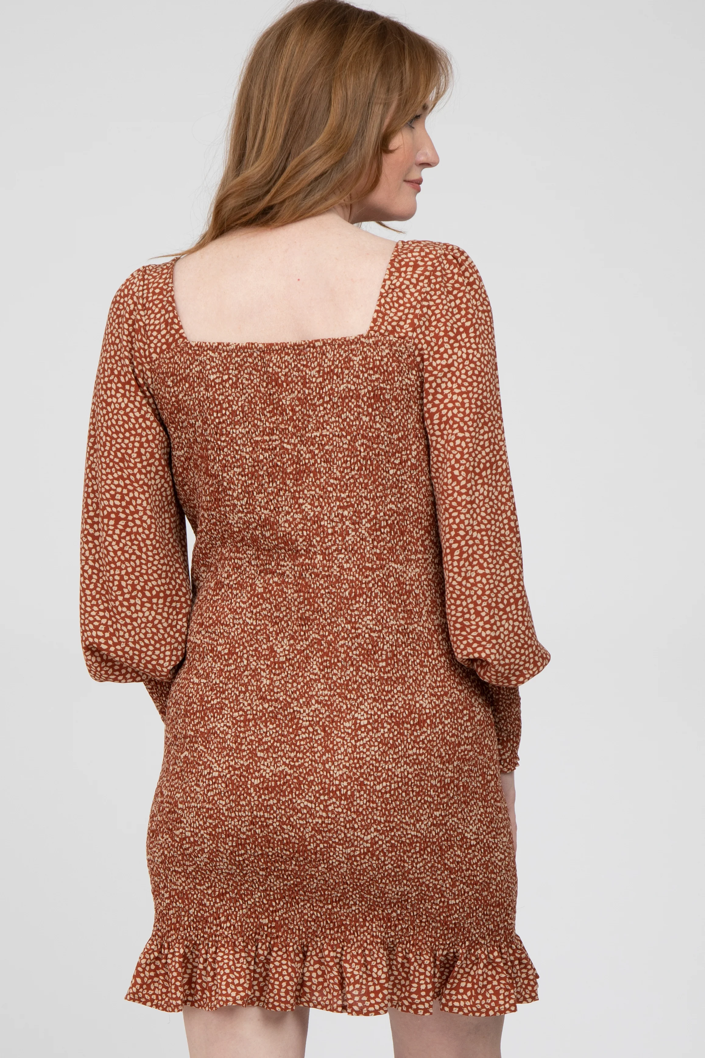 Rust Leaf Print Smocked Dress - Image 4