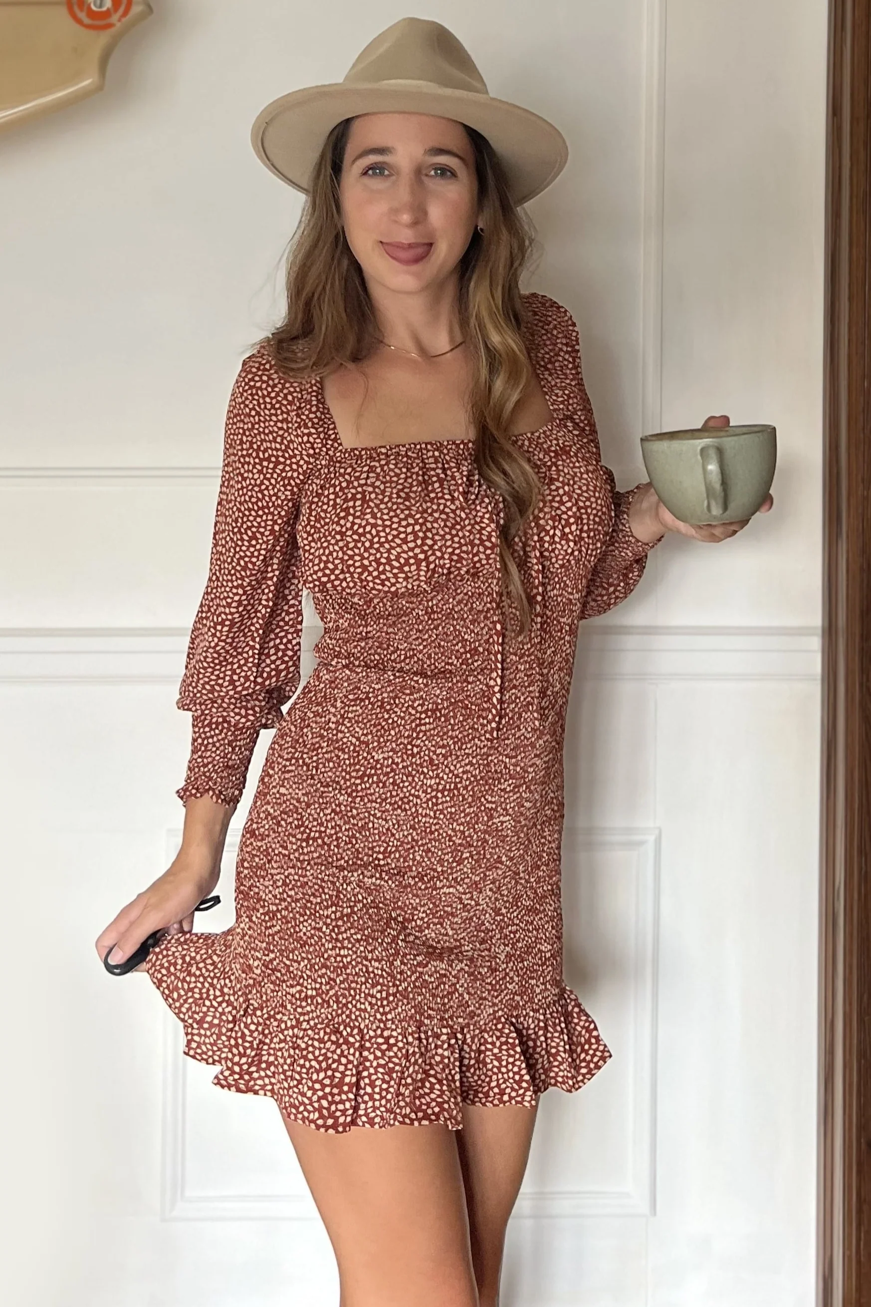 Rust Leaf Print Smocked Dress - Image 6