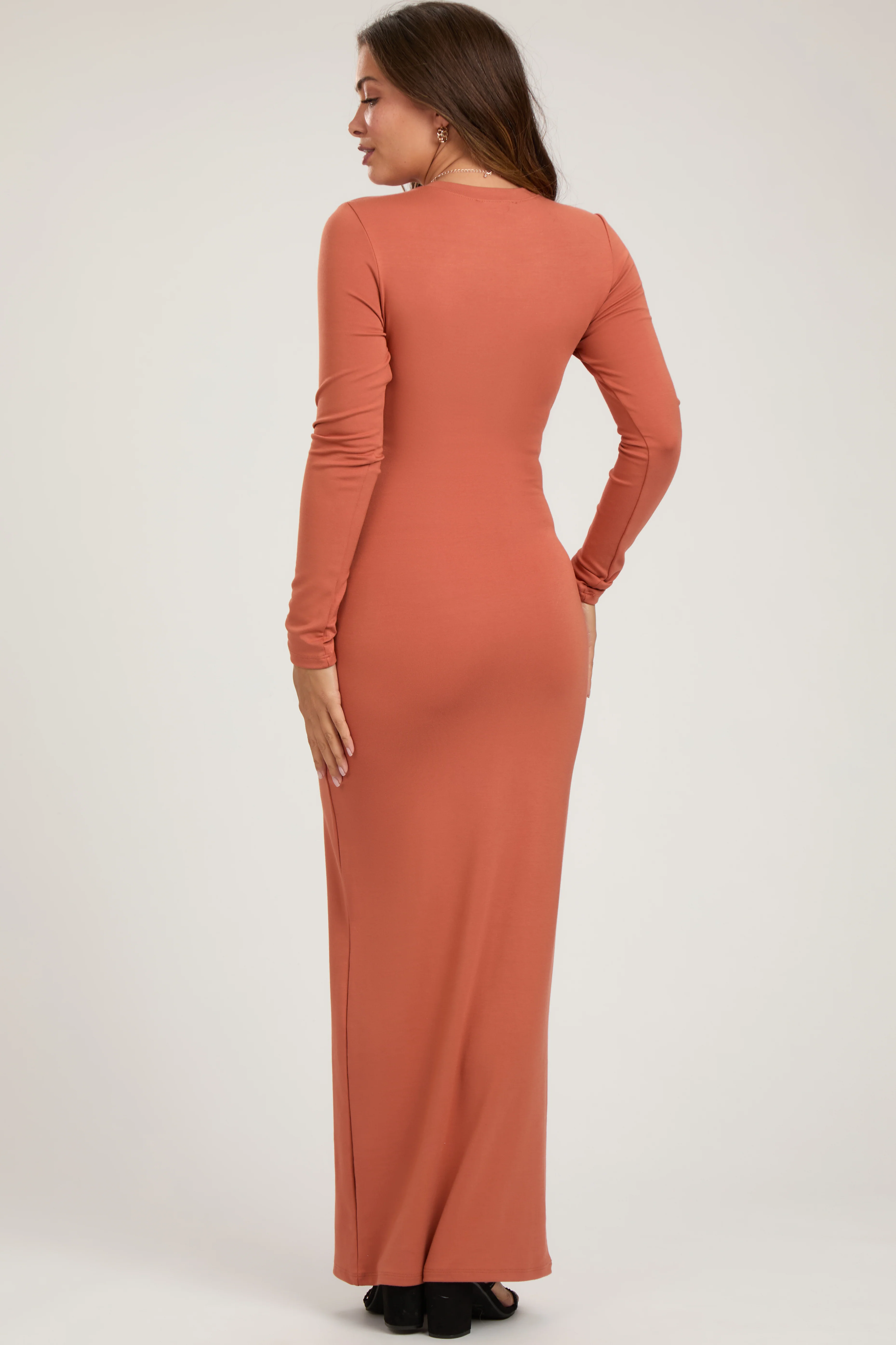 Rust Long Sleeve Fitted Maternity Maxi Dress - Image 3