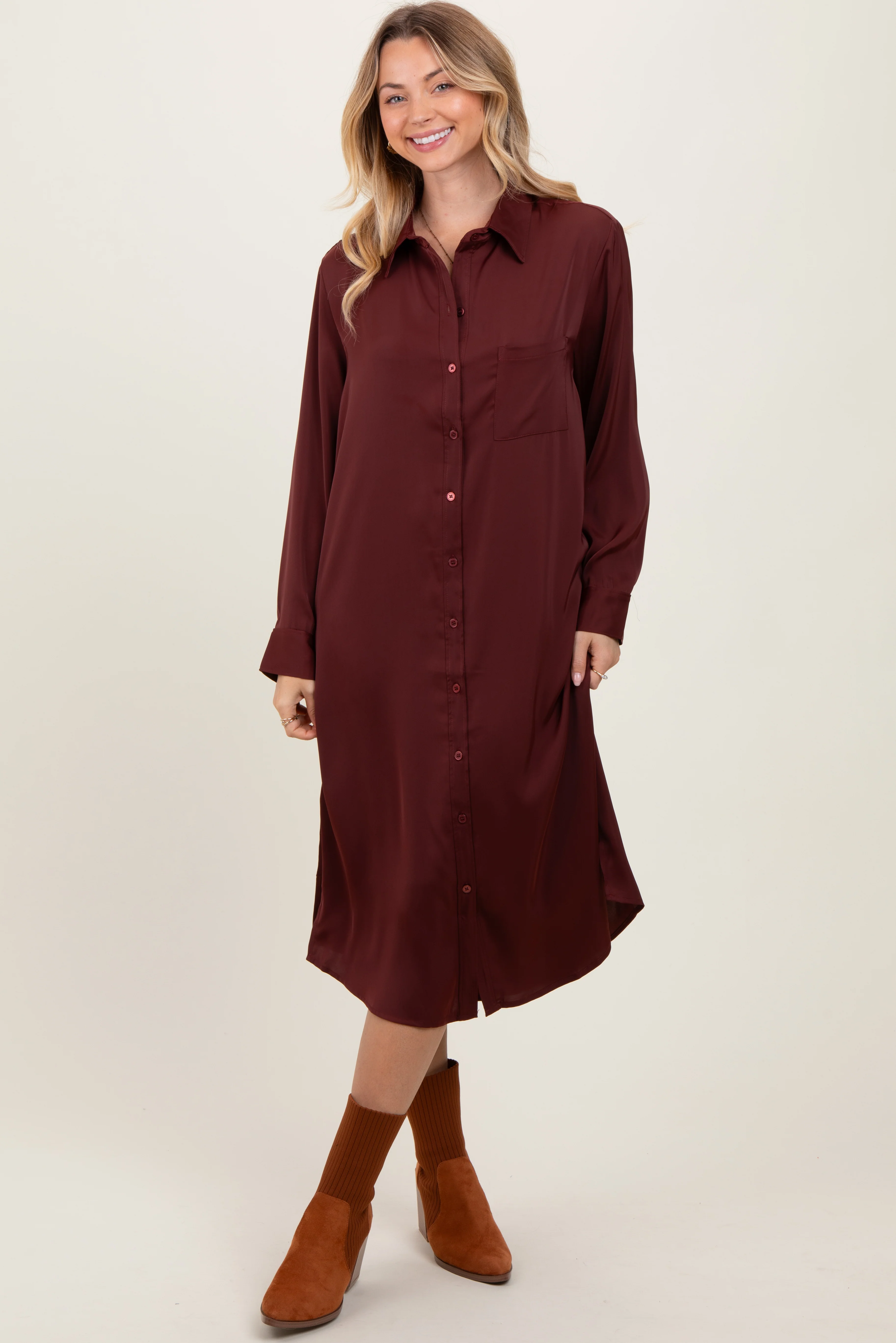 Rust Long Sleeve Maternity Midi Shirt Dress - Image 4