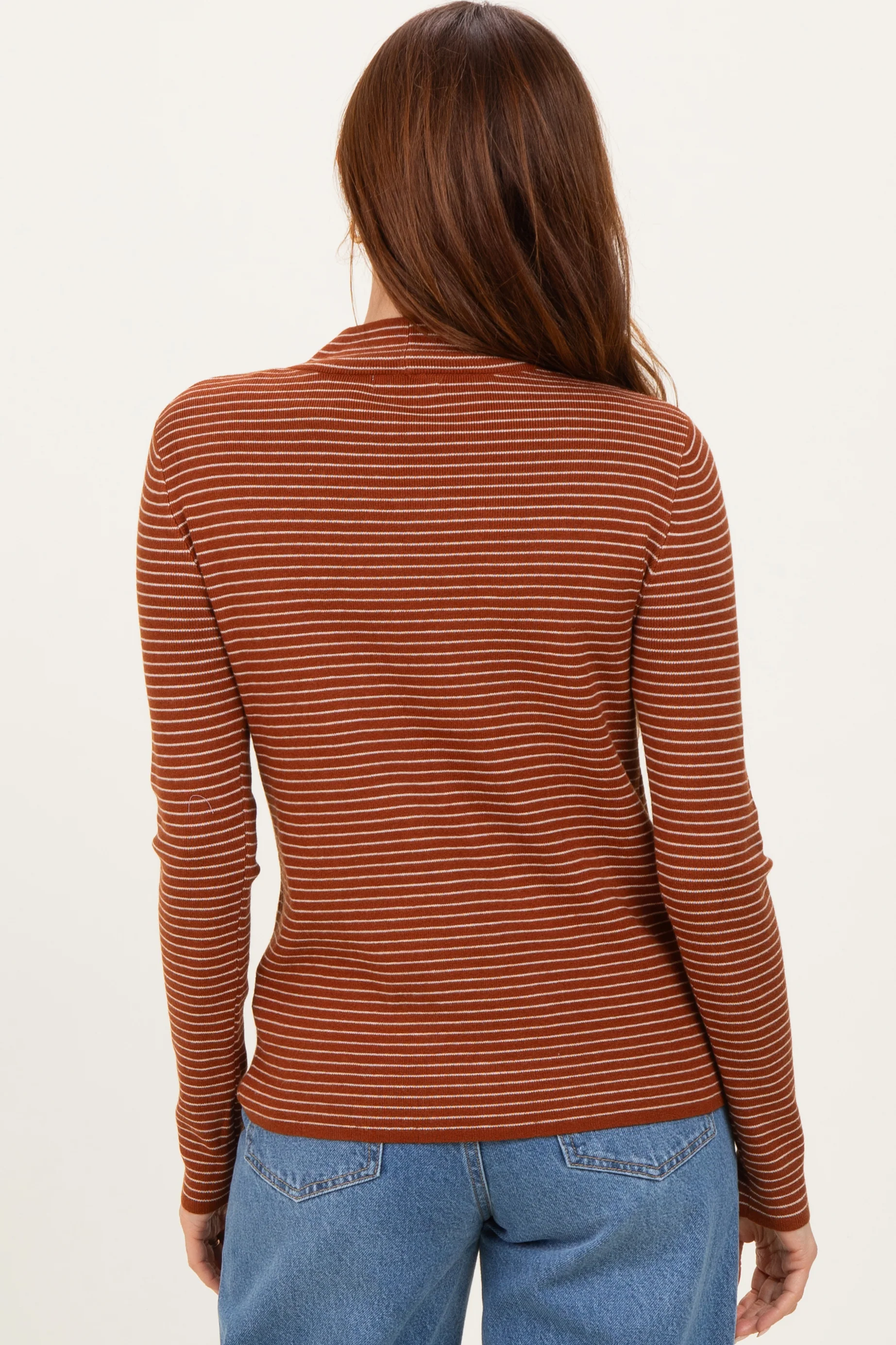 Rust Pinstriped Mock Neck Knit Top - Image 4