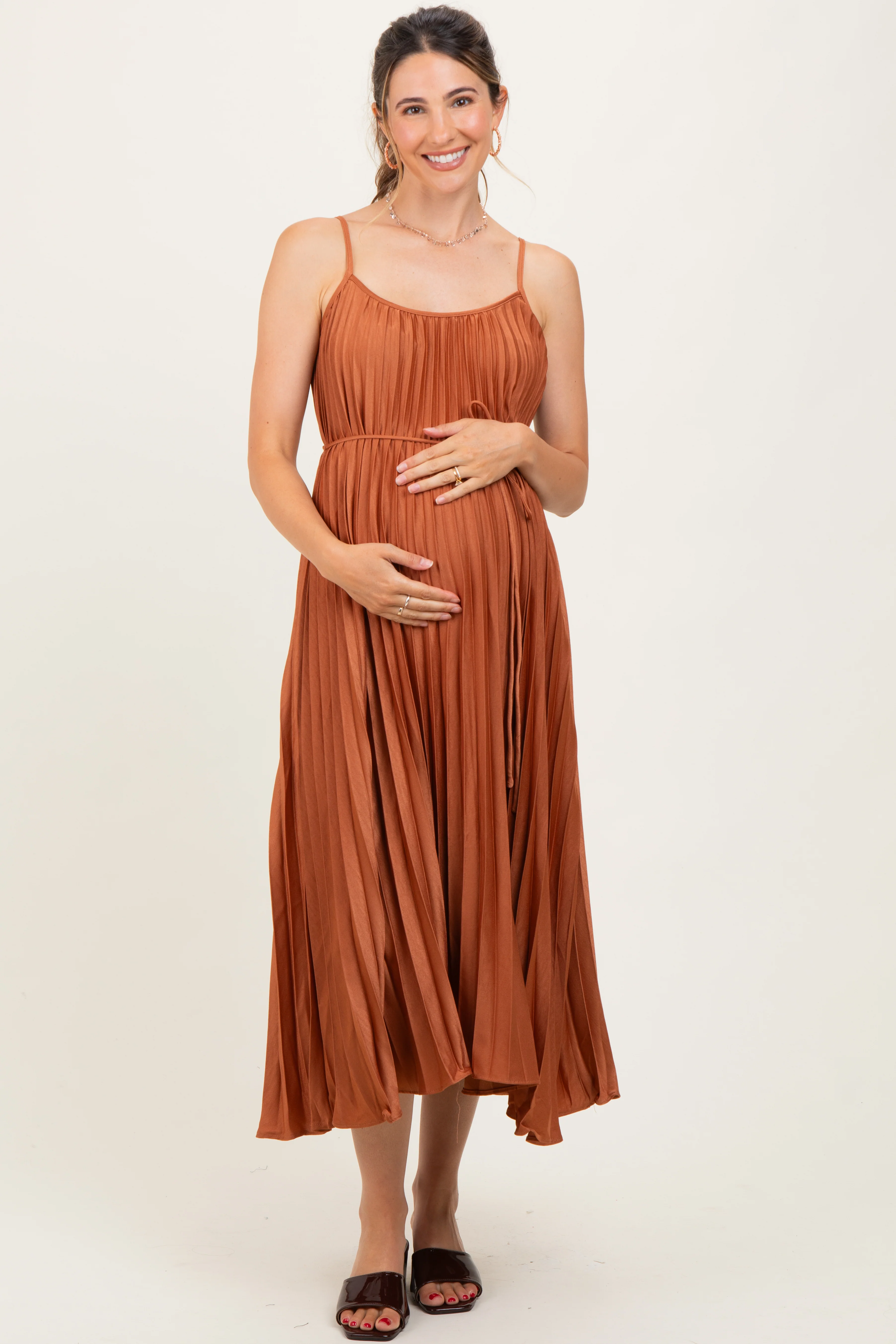 Rust Pleated Sash Tie Maternity Midi Dress - Image 2