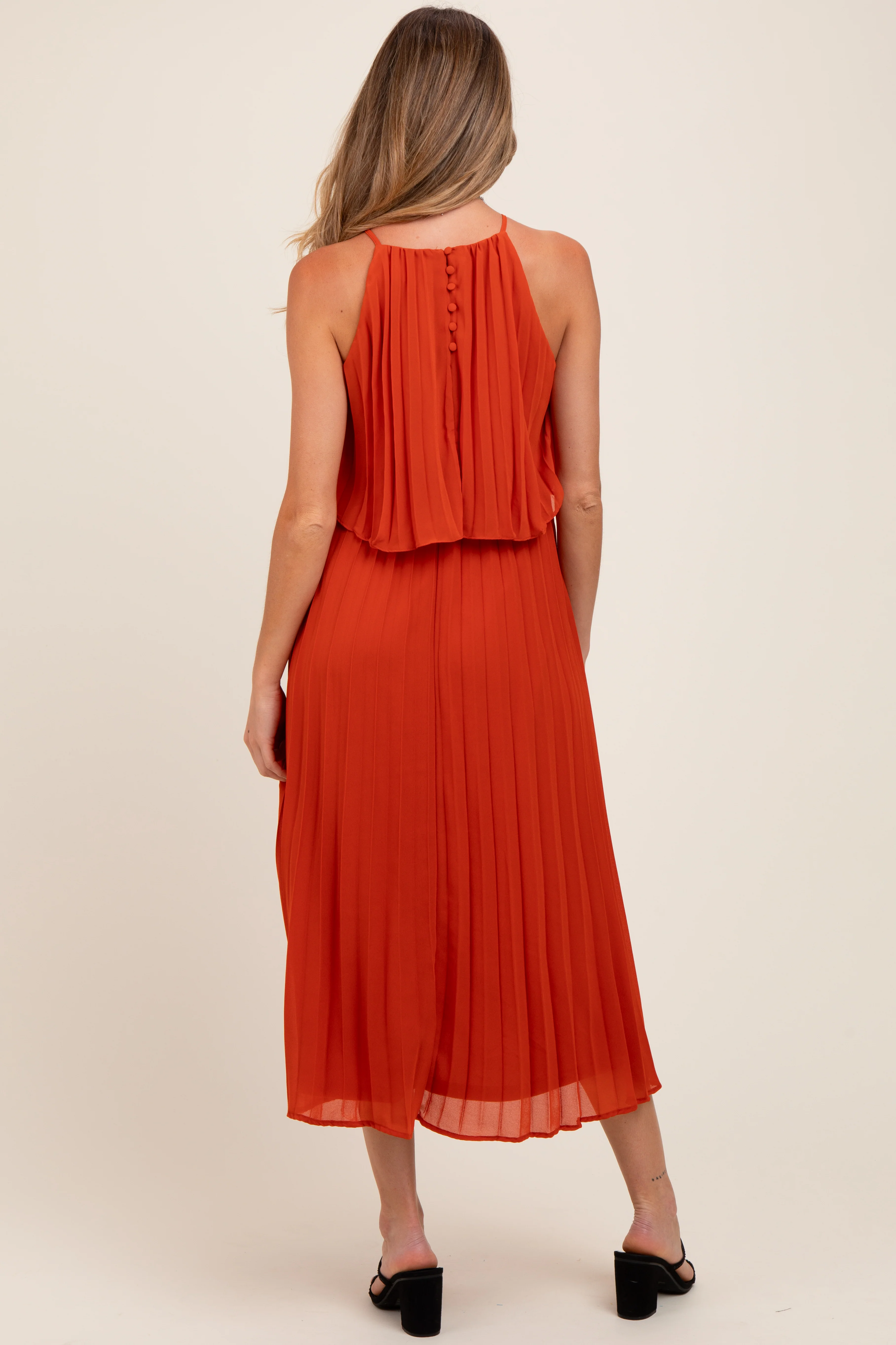 Rust Pleated Woven Maternity Midi Dress - Image 3