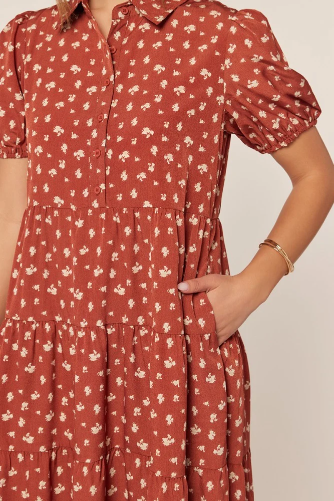 Rust Printed Button Up Tiered Midi Dress - Image 5