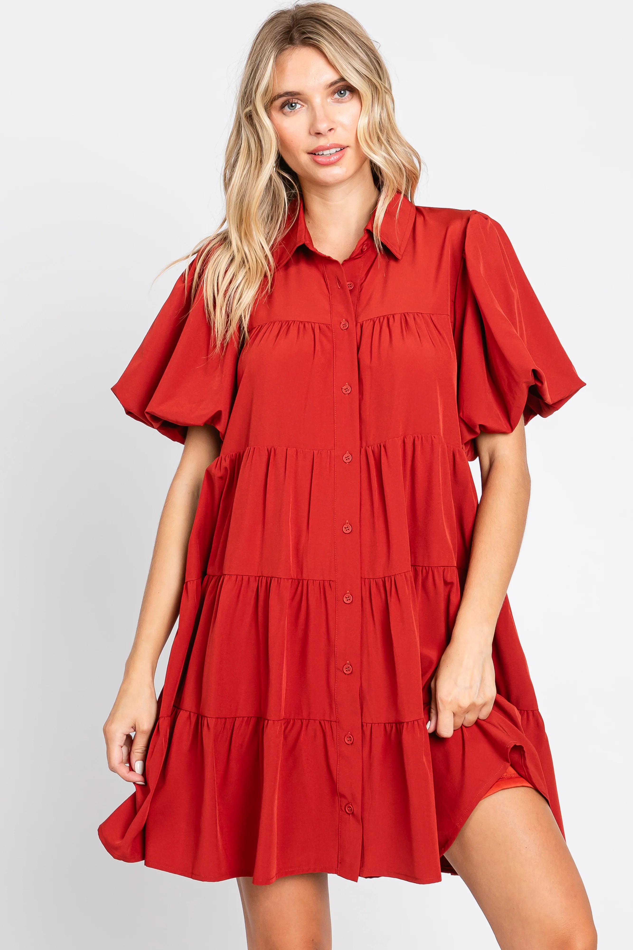 Rust Puff Sleeve Mini Shirt Dress - Image 5
