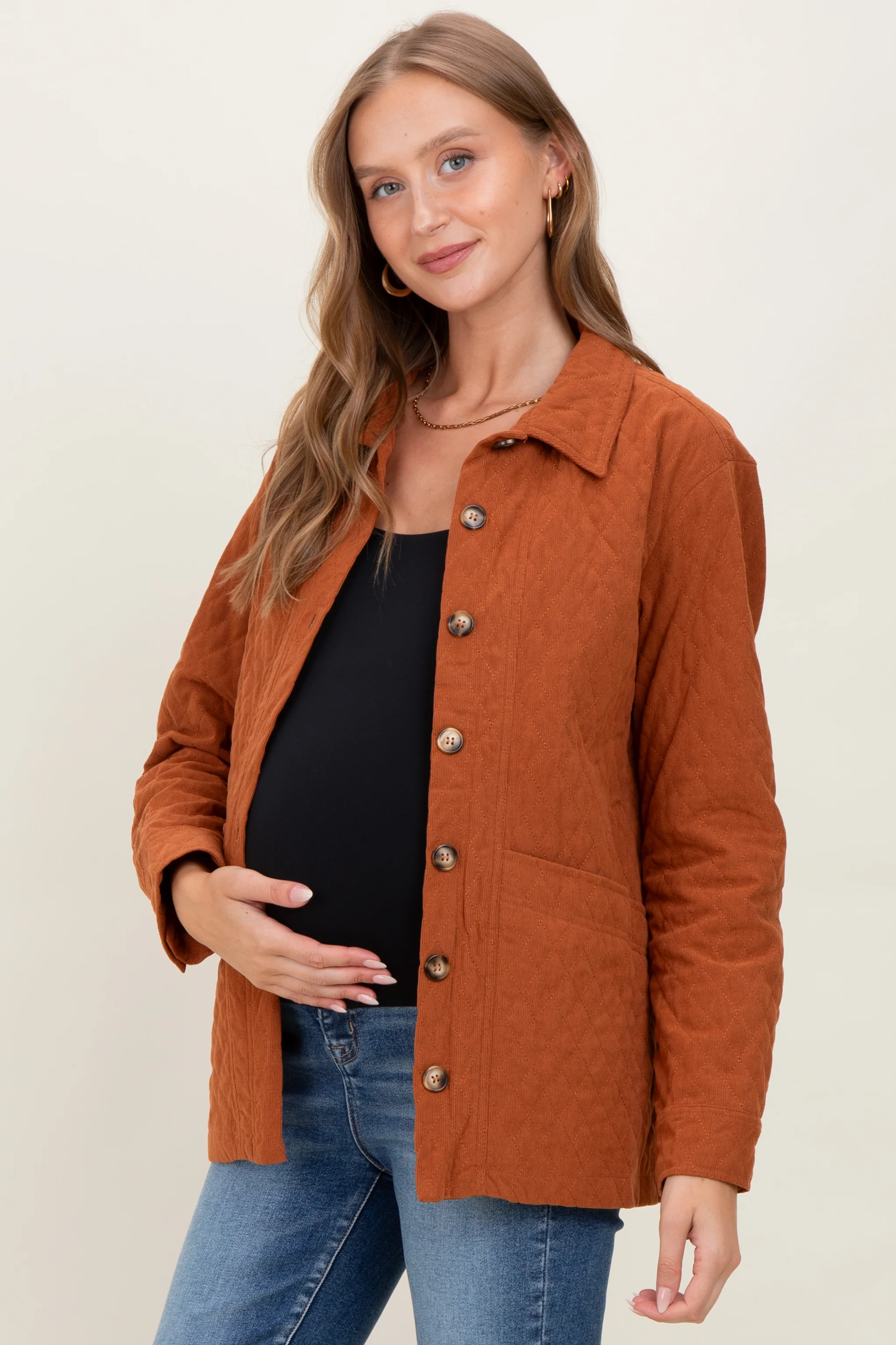 Rust Quilted Button Maternity Jacket - Image 3