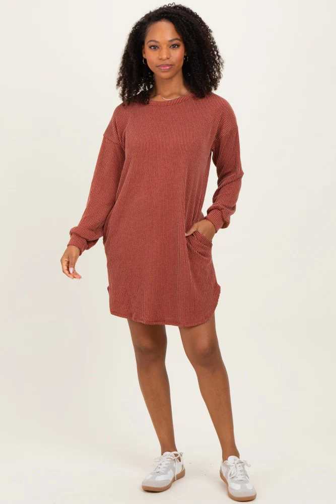 Rust Rib Knit Long Sleeve Maternity Dress - Image 5