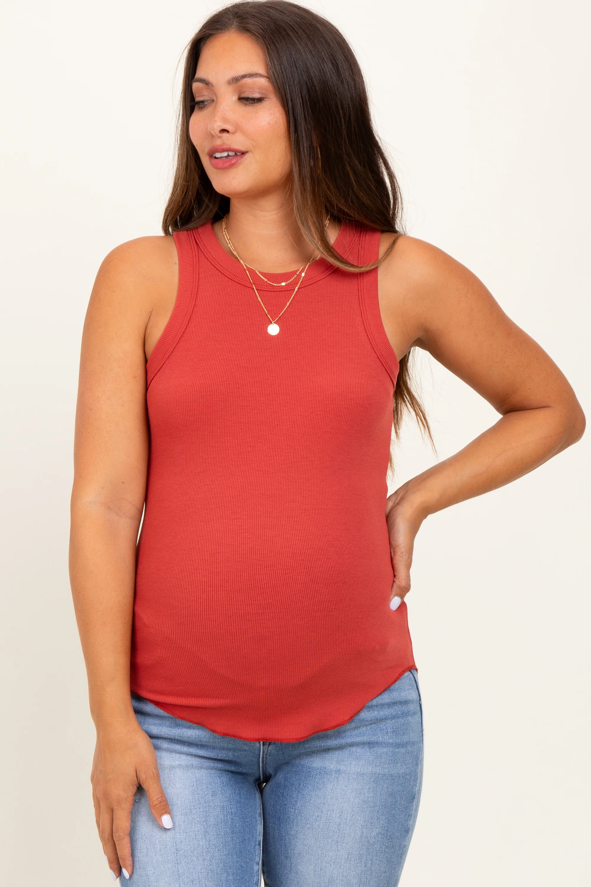 Rust Ribbed Basic Crew Neck Maternity Tank - Image 2
