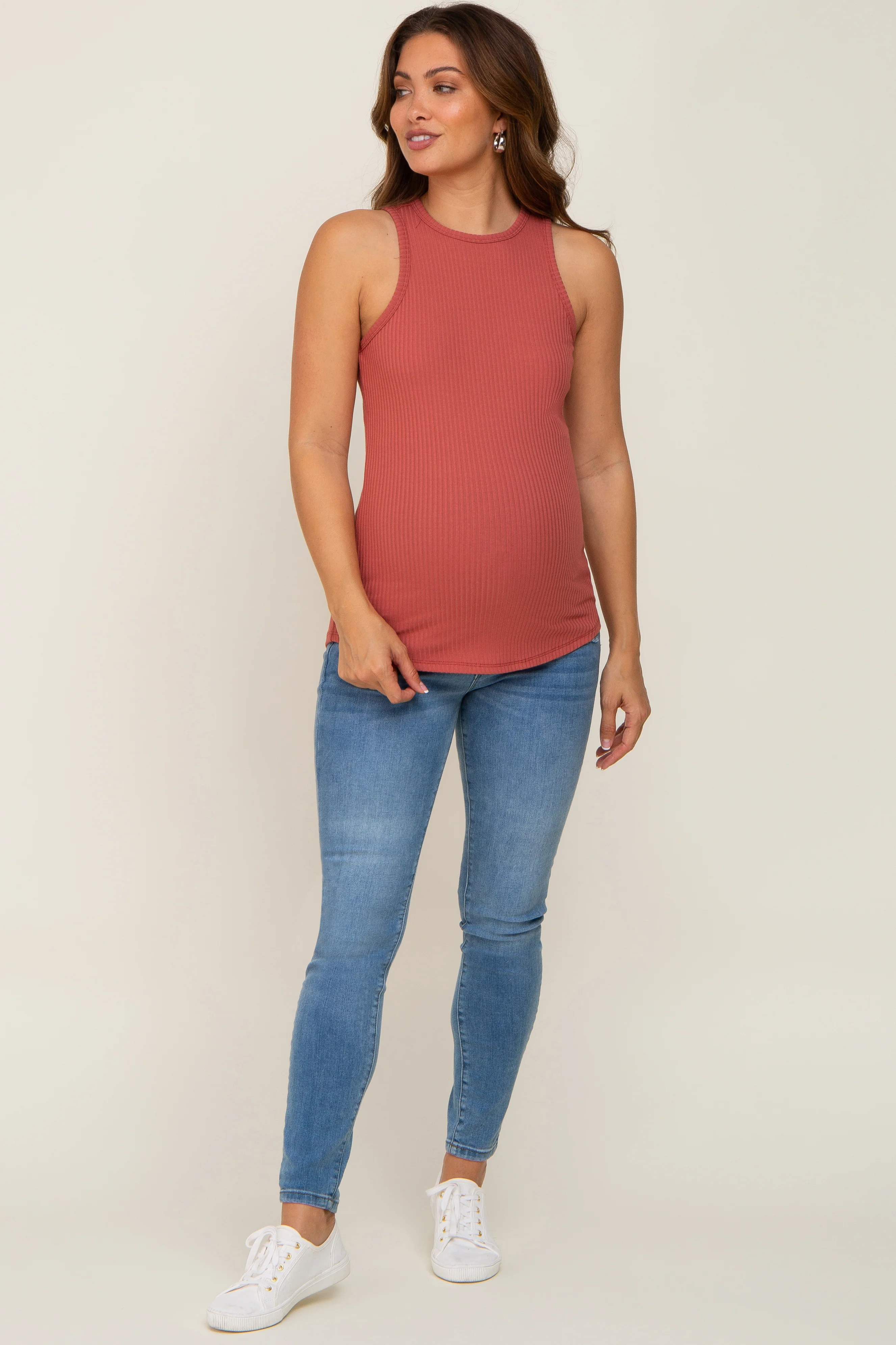 Rust Ribbed Basic Maternity Tank Top - Image 4